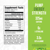 Étiquette Ryse Loaded Pre-Workout indiquant 325 mg de caféine pour énergie soutenue.