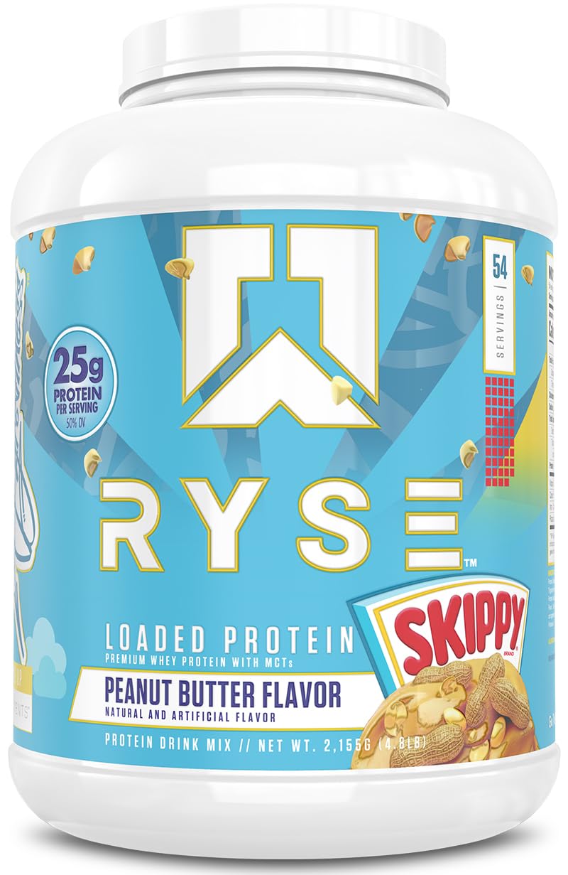 RYSE Loaded Protein en pot, goût Beurre de cacahuète Skippy, idéal après entraînement.
