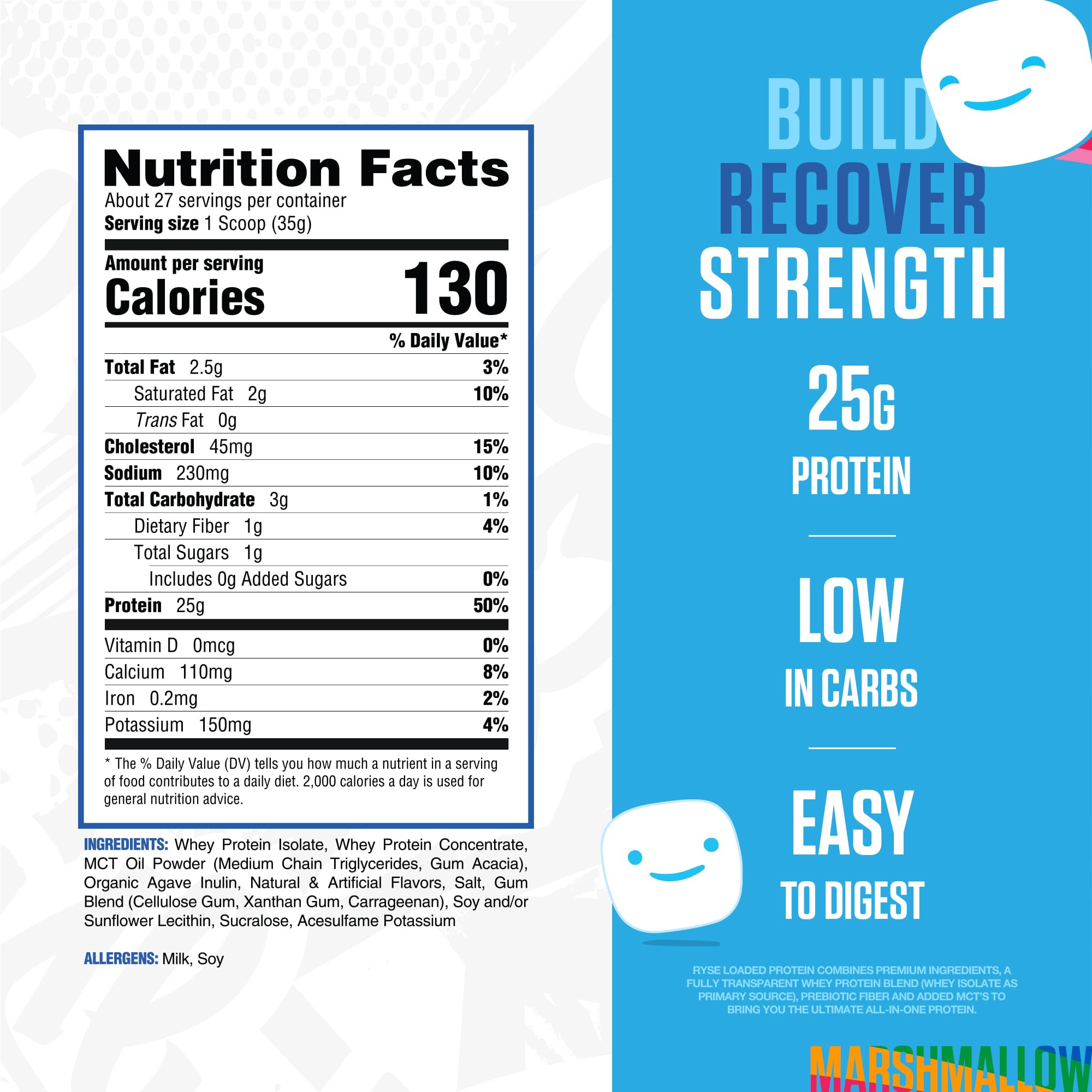 RYSE Loaded Protein – prébiotiques et fibre pour digestion confortable.
