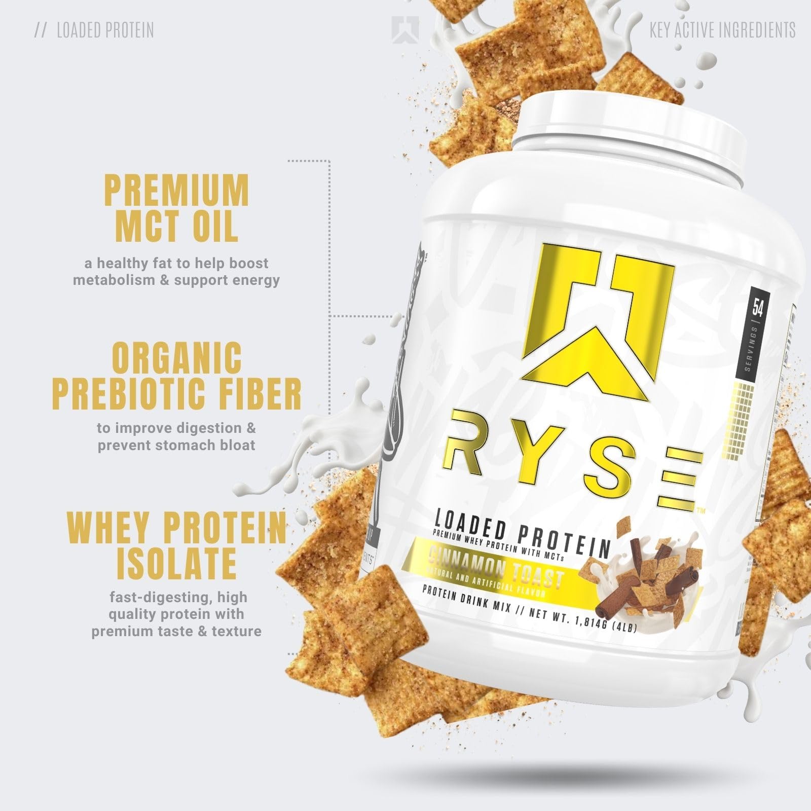 RYSE Up Protéine saveur cannelle-pain-grillé, étiquette claire et traçabilité des ingrédients.