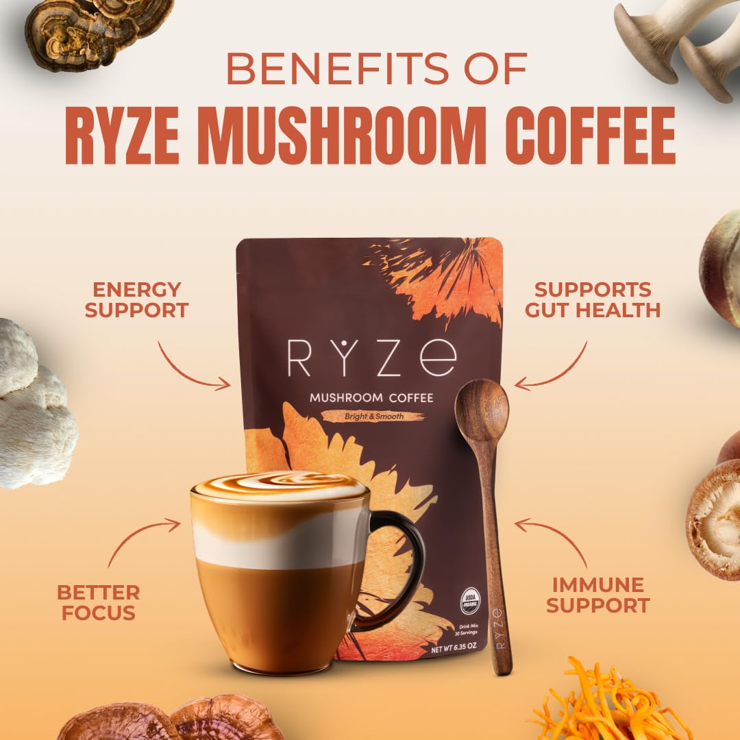 RYZE SUPERFOODS Café: 2000 mg de six champignons par portion pour énergie ciblée