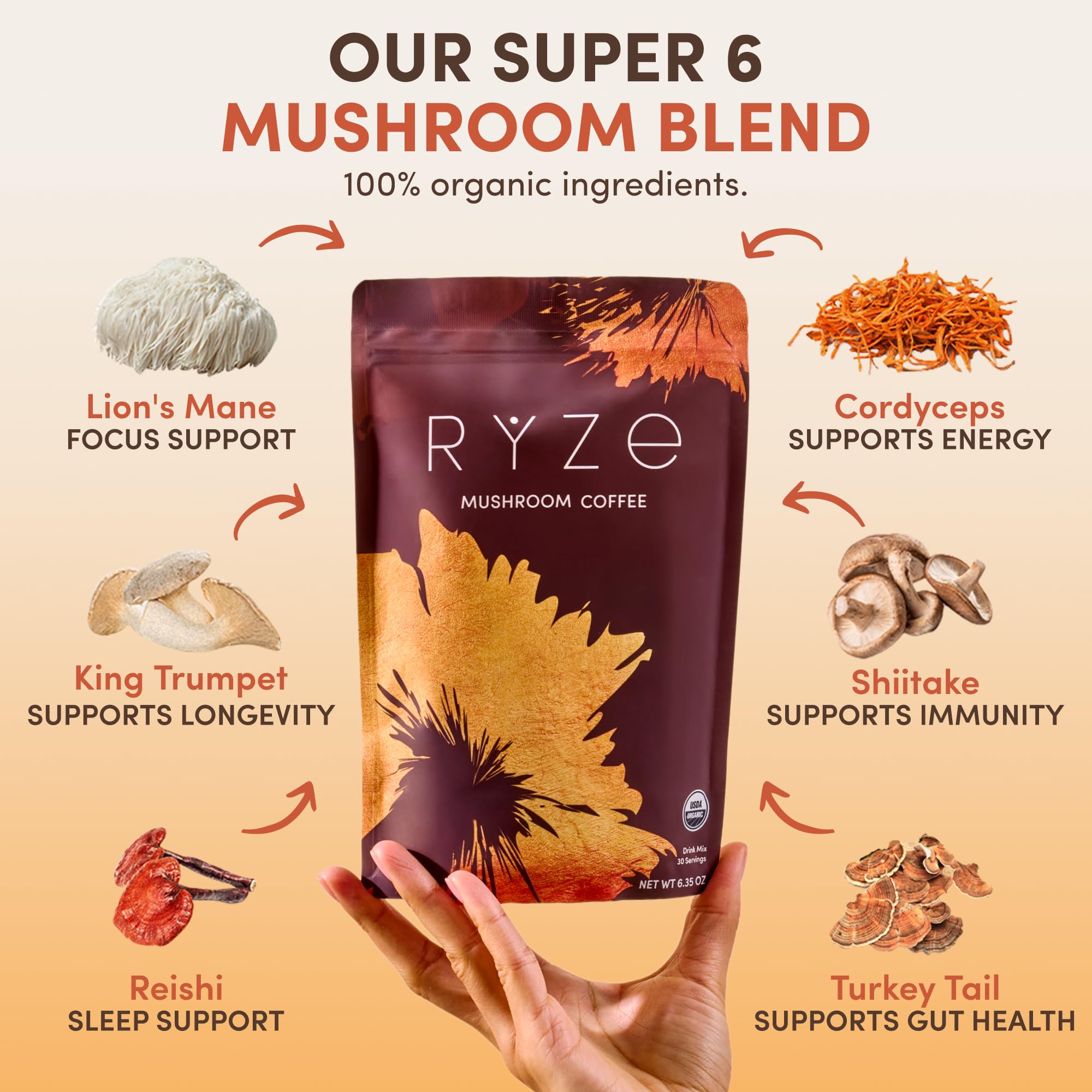 Café-champignons Ryze, tasse crème pour une expérience veloutée.