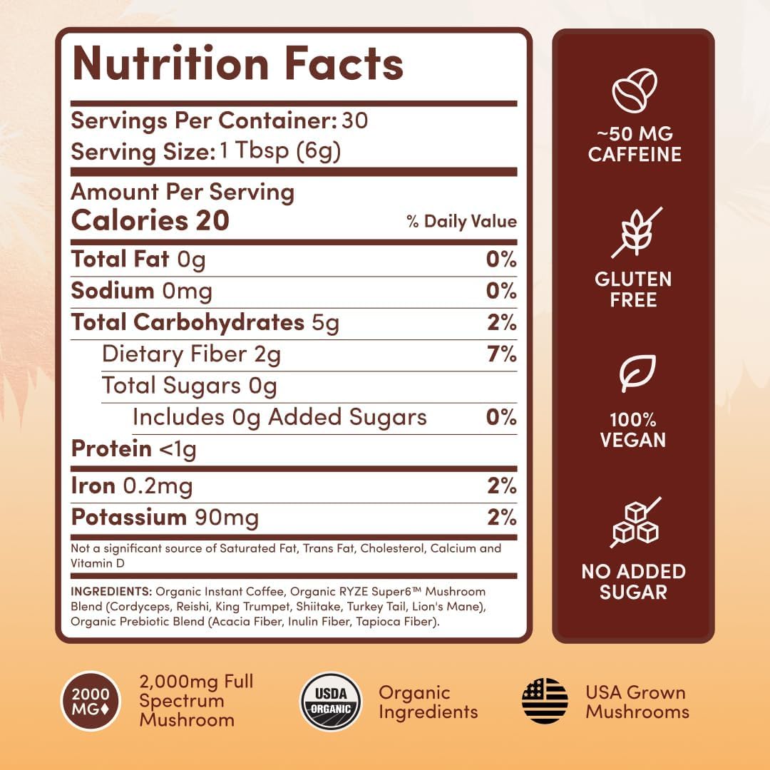 RYZE SUPERFOODS Café: sans additifs ni sucre ajouté, goût pur