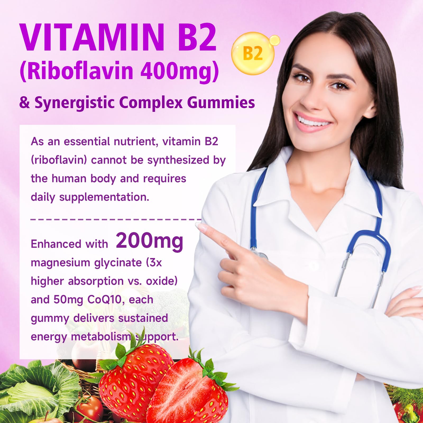 Saajoor gommes B2 fraise – étiquette montrant ingrédients et bienfaits potentiels.