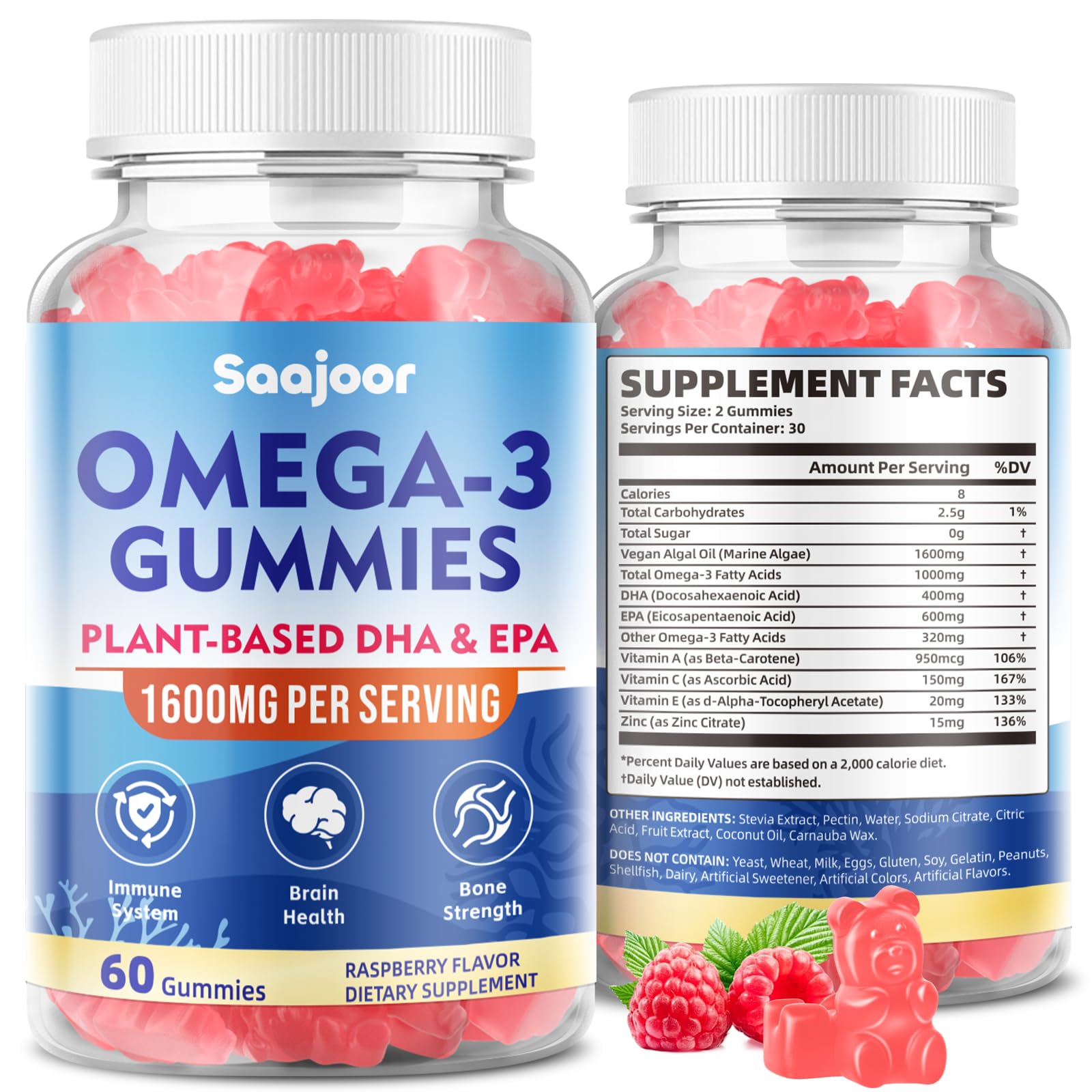 Gommes Saajoor Omega-3 vegan en boîte 60, apport quotidien pratique sans sucre.
