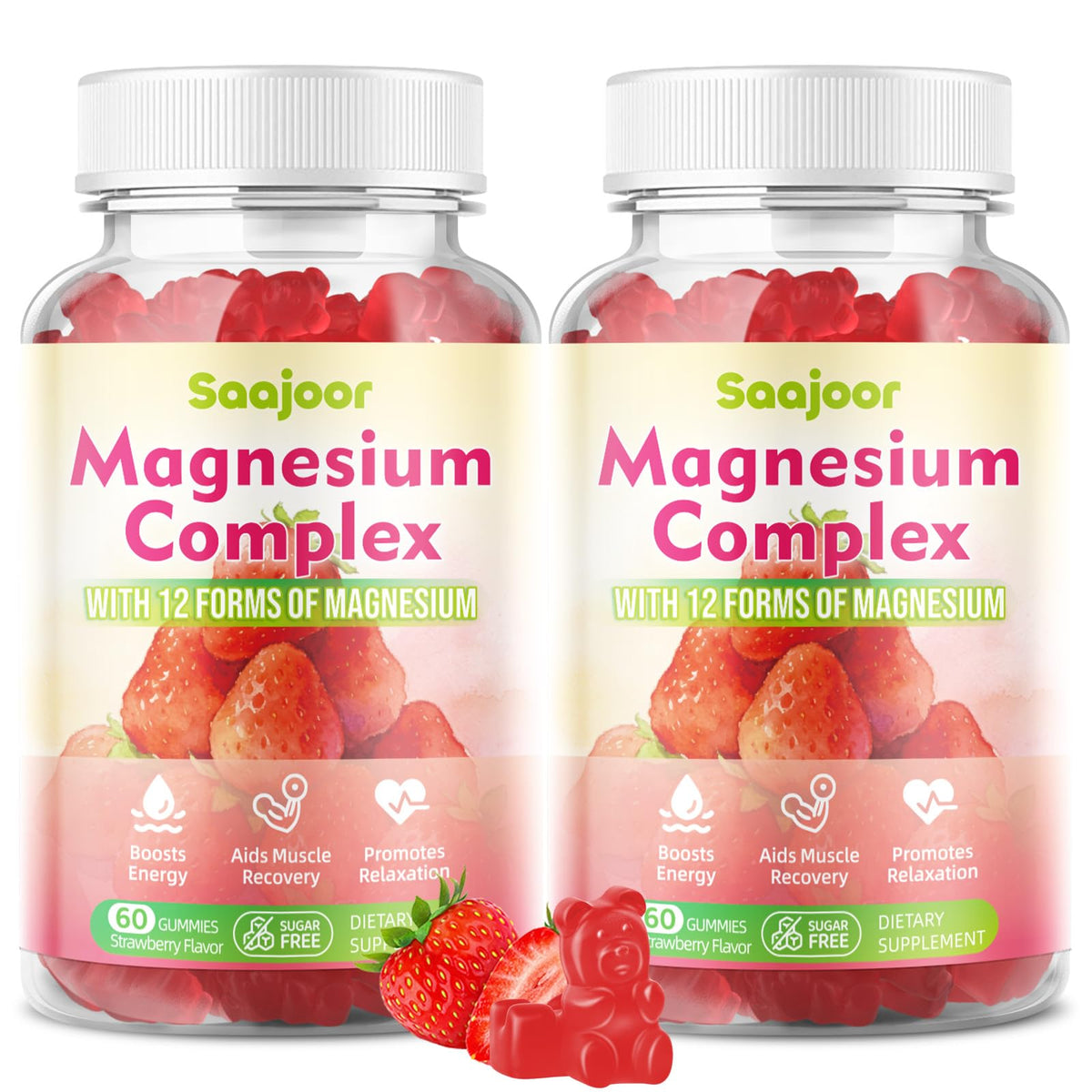 Gommes Saajoor Magnésium Complexe, bouteille fraise pour routine bien-être.