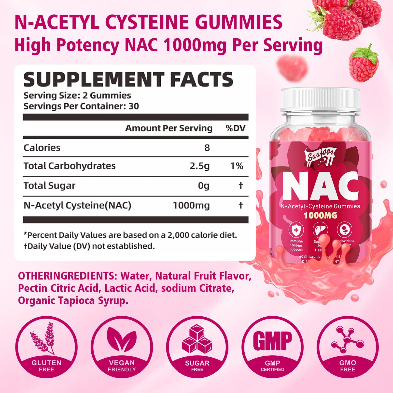Gommes framboise Saajoor NAC, saveur naturelle et agréable.