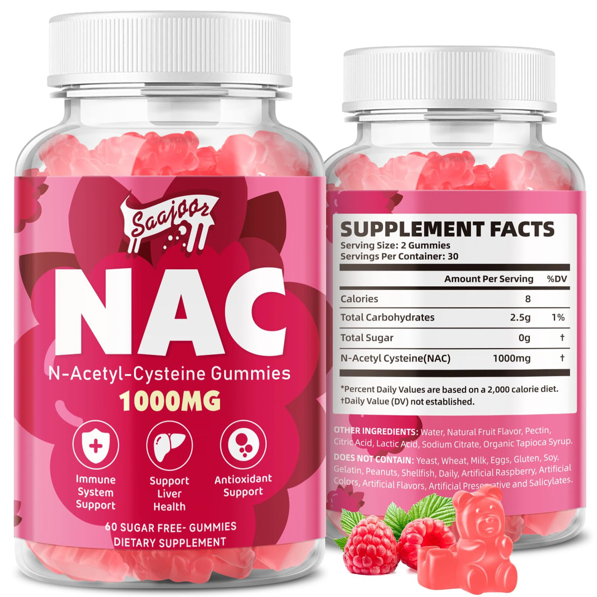 Saajoor NAC Gummies paquet ouvert, facilité de prise quotidienne.