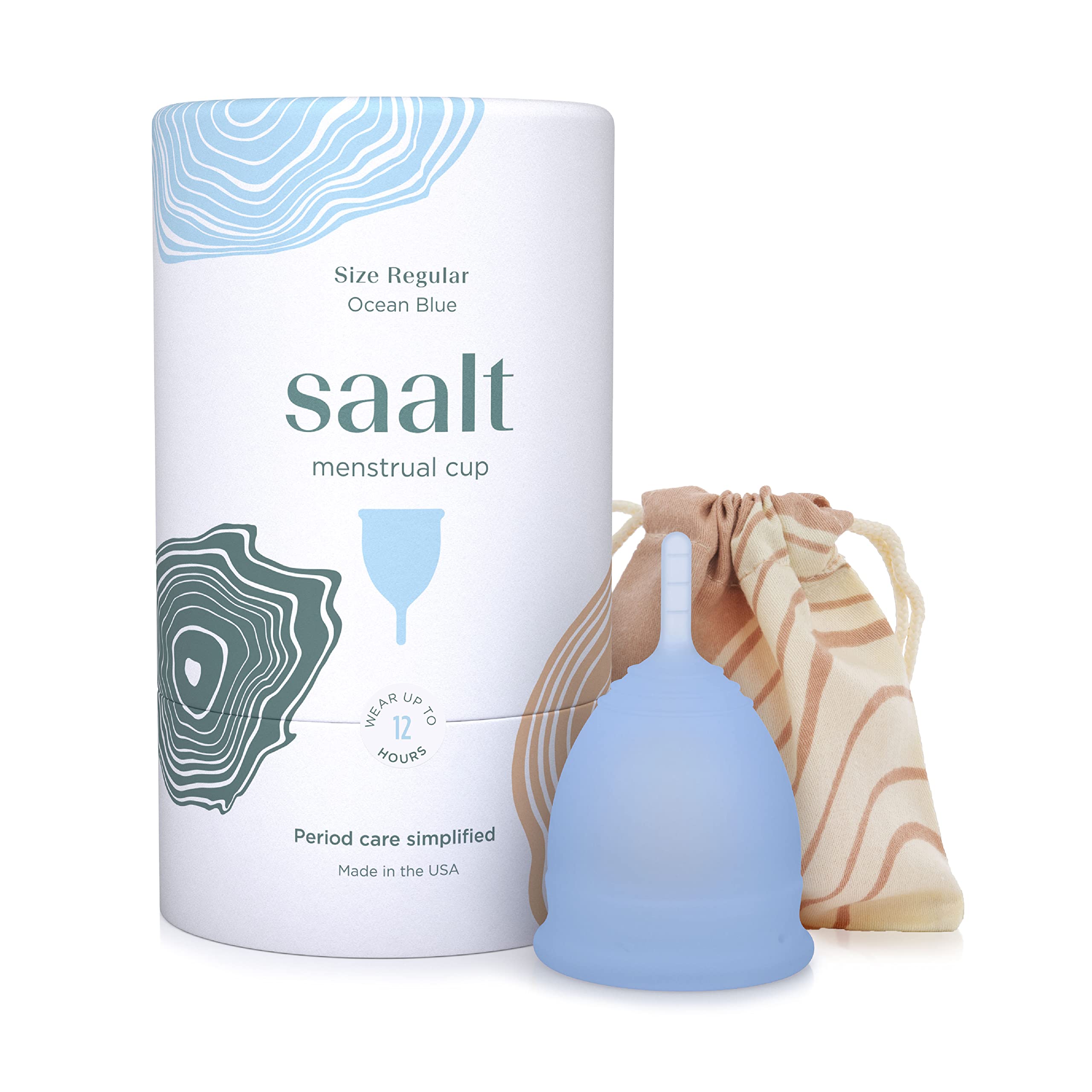Saalt coupe menstruelle bleu ocean dans son emballage, prête pour une option durable.