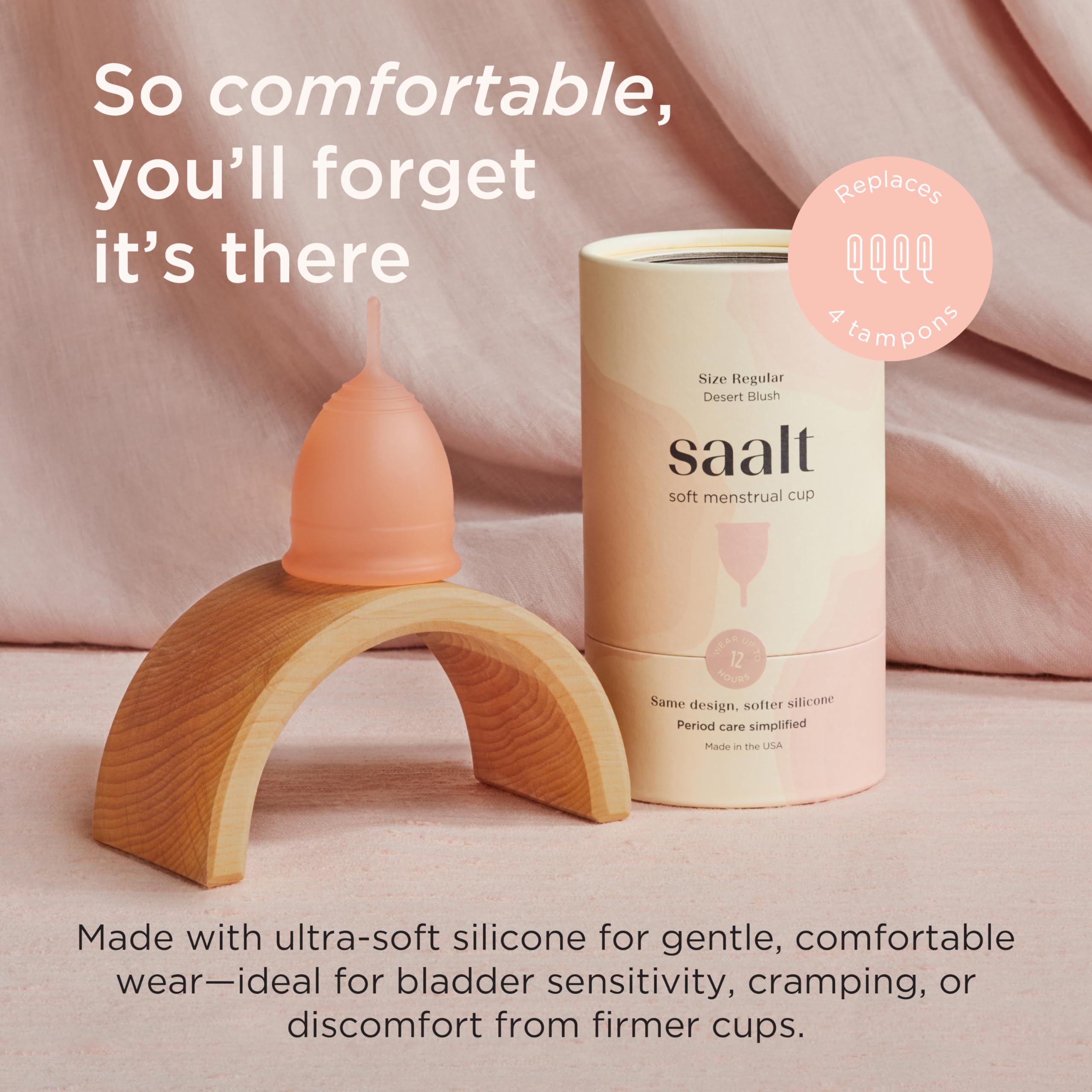 Saalt Soft Cup Regular montre sa taille régulière pour flux moyen à abondant