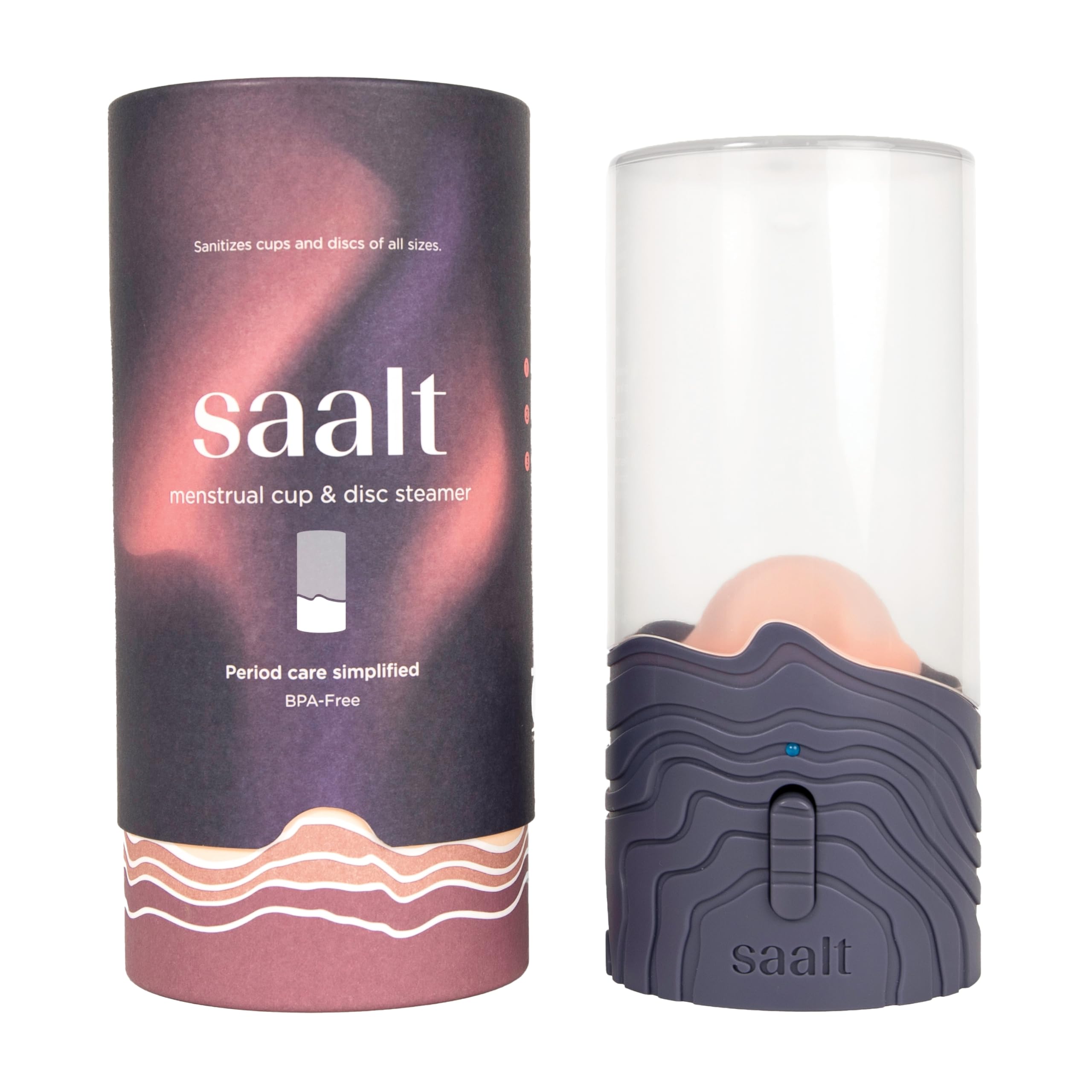Saalt Steamer, vue avant du produit, nettoie facilement les coupes menstruelles sans ébullition.