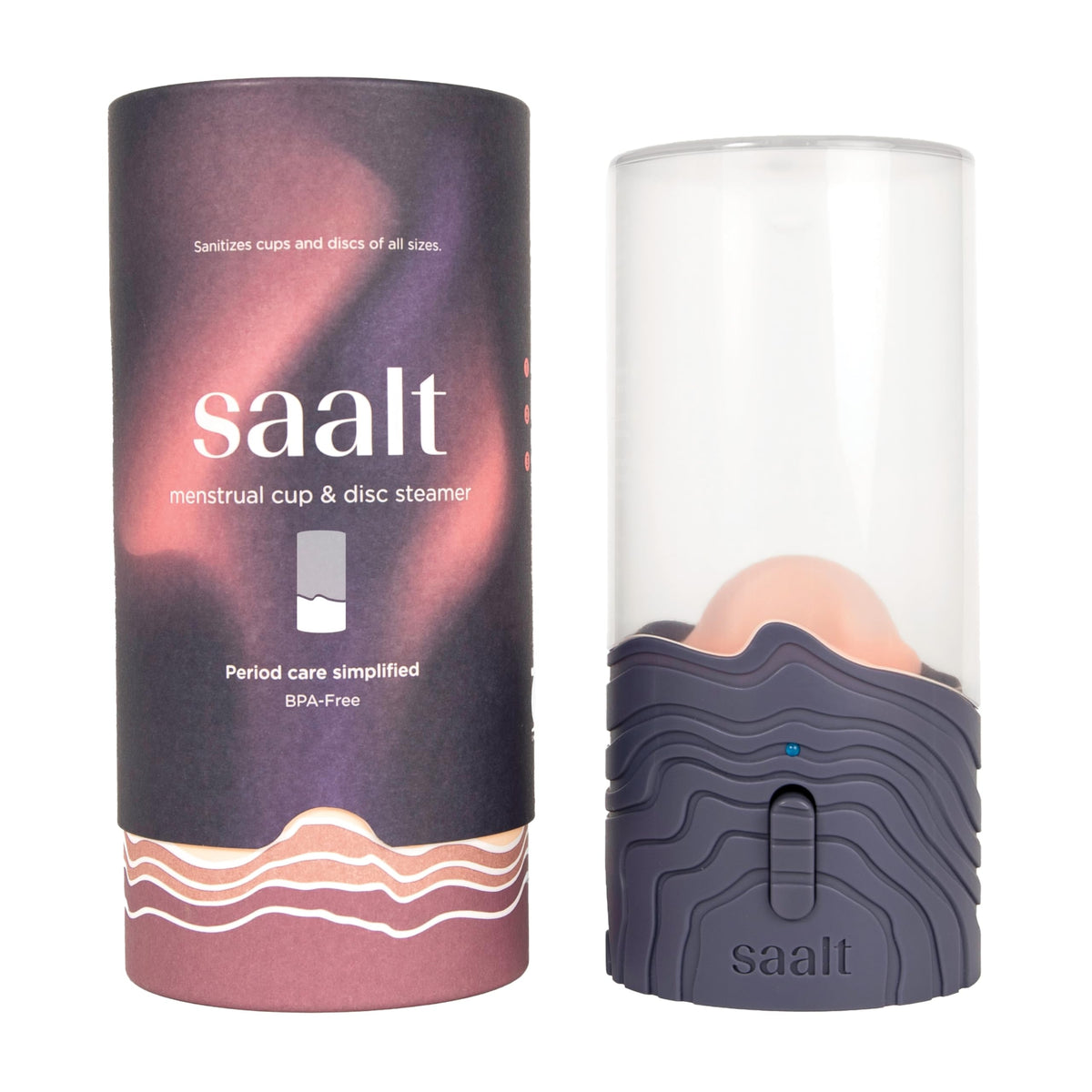 Saalt Steamer, vue avant du produit, nettoie facilement les coupes menstruelles sans ébullition.