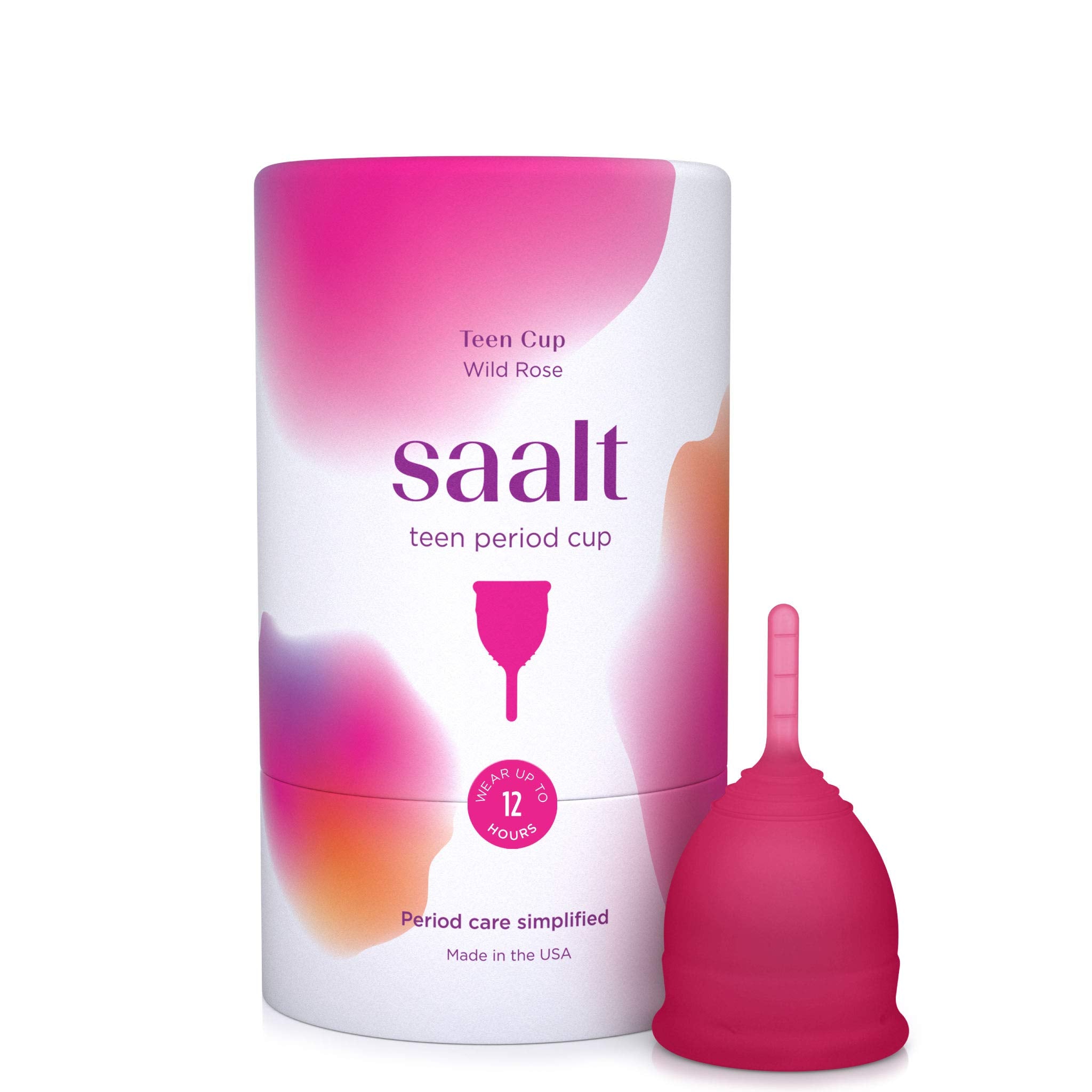 Saalt Teen Cup menstruelle montrant la protection jusqu'à 12 heures pour les journées d'école.