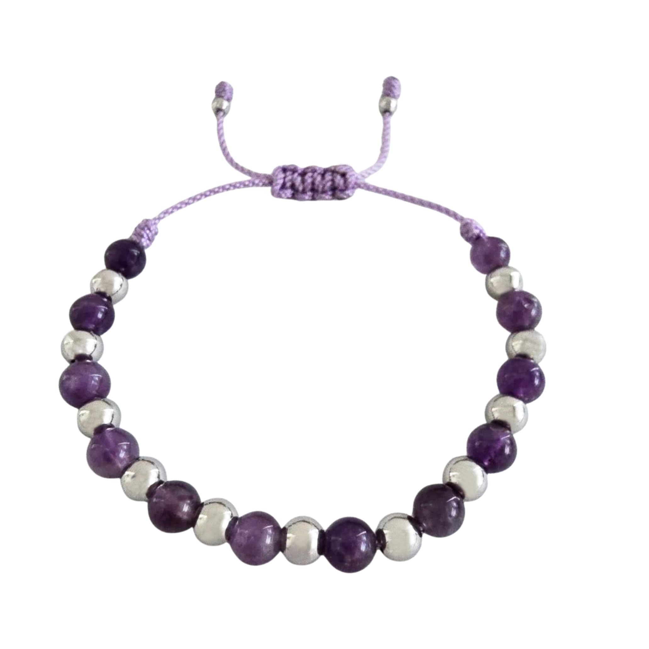 Sabeli bracelet améthyste et perles d'acier, ajustable pour tout poignet.