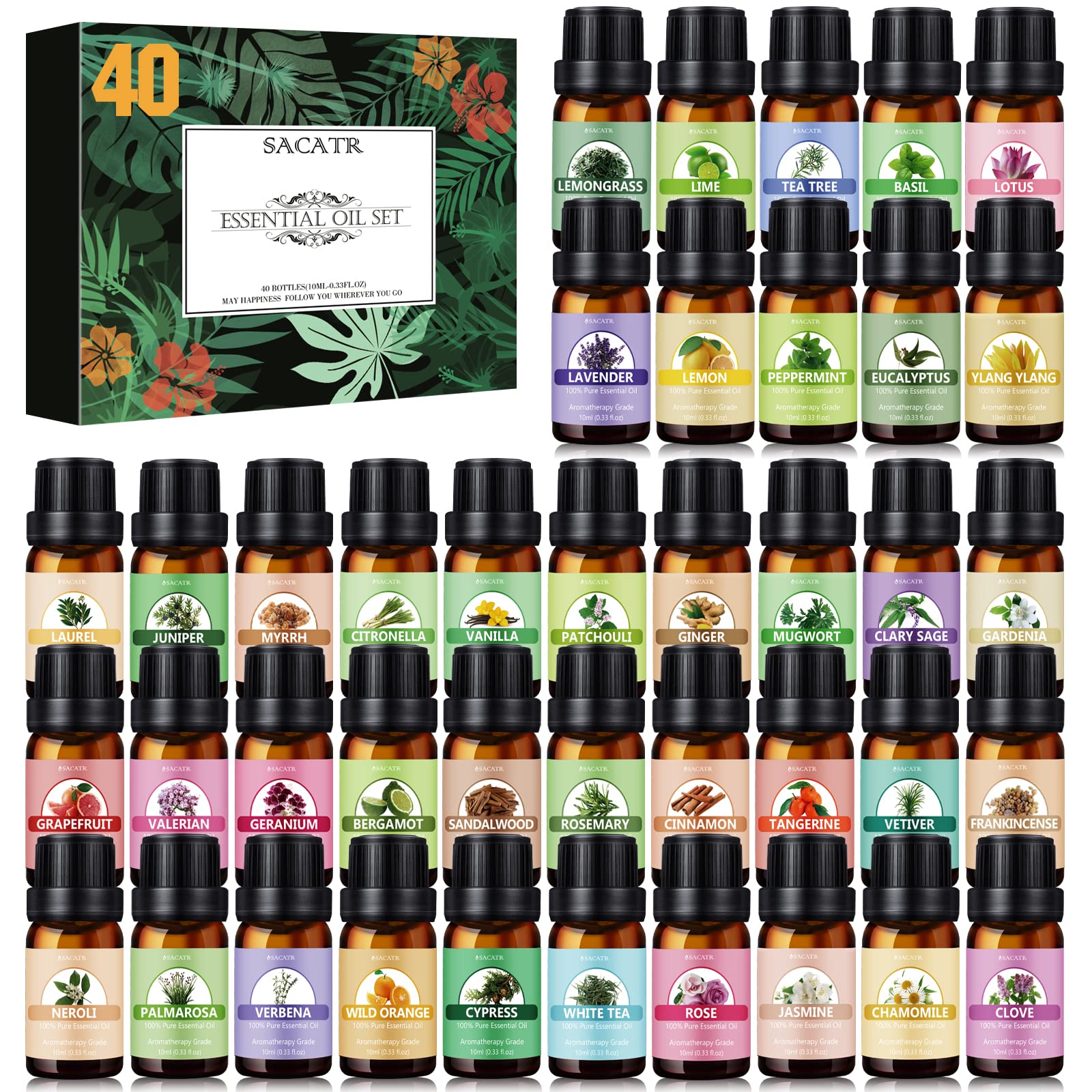 SACATR ensemble 40 huiles essentielles prêt à diffuser et créer des parfums.
