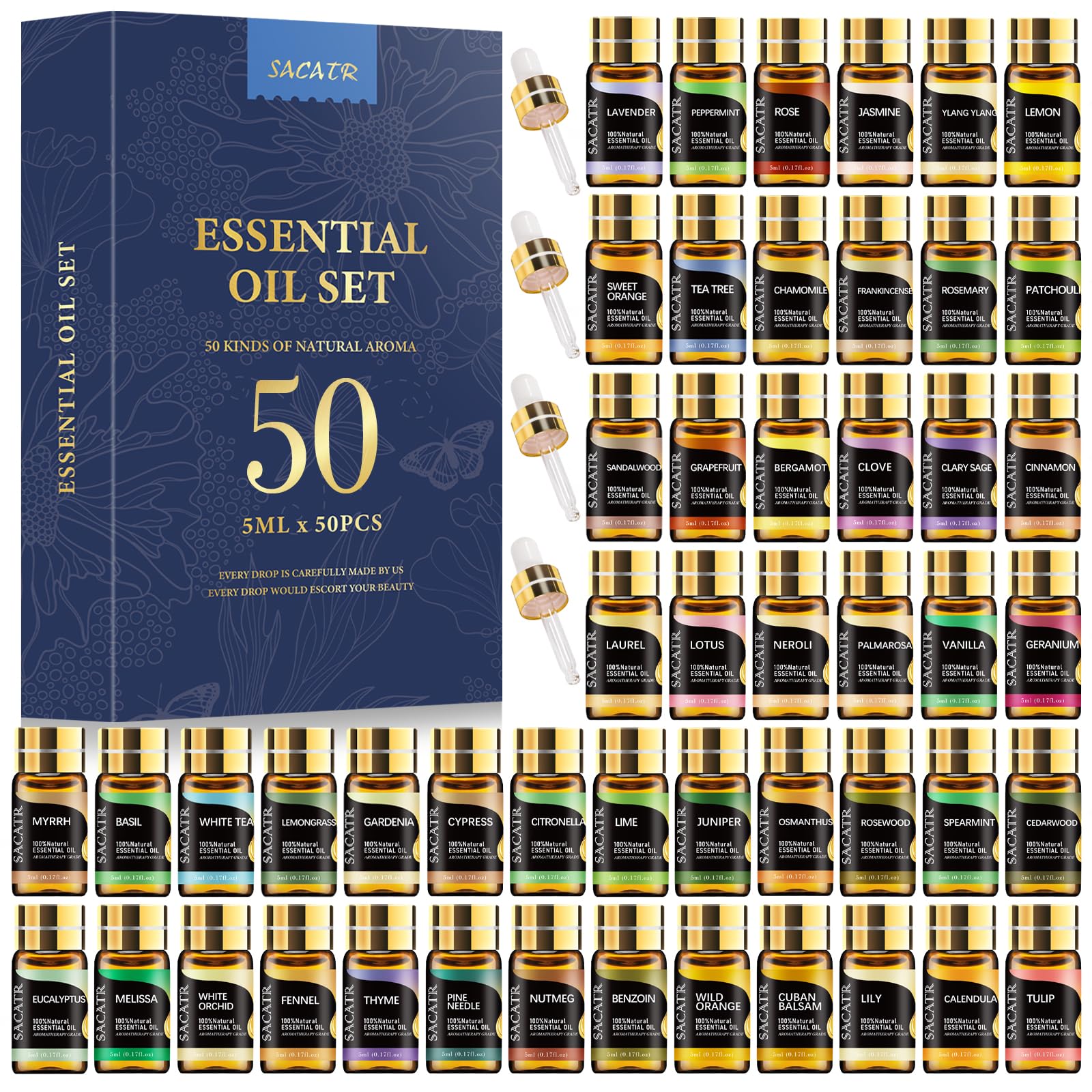 Sacatr ensemble 50 huiles essentielles 5ml, variété aromatique pour diffuser et créer des mélanges personnalisés.
