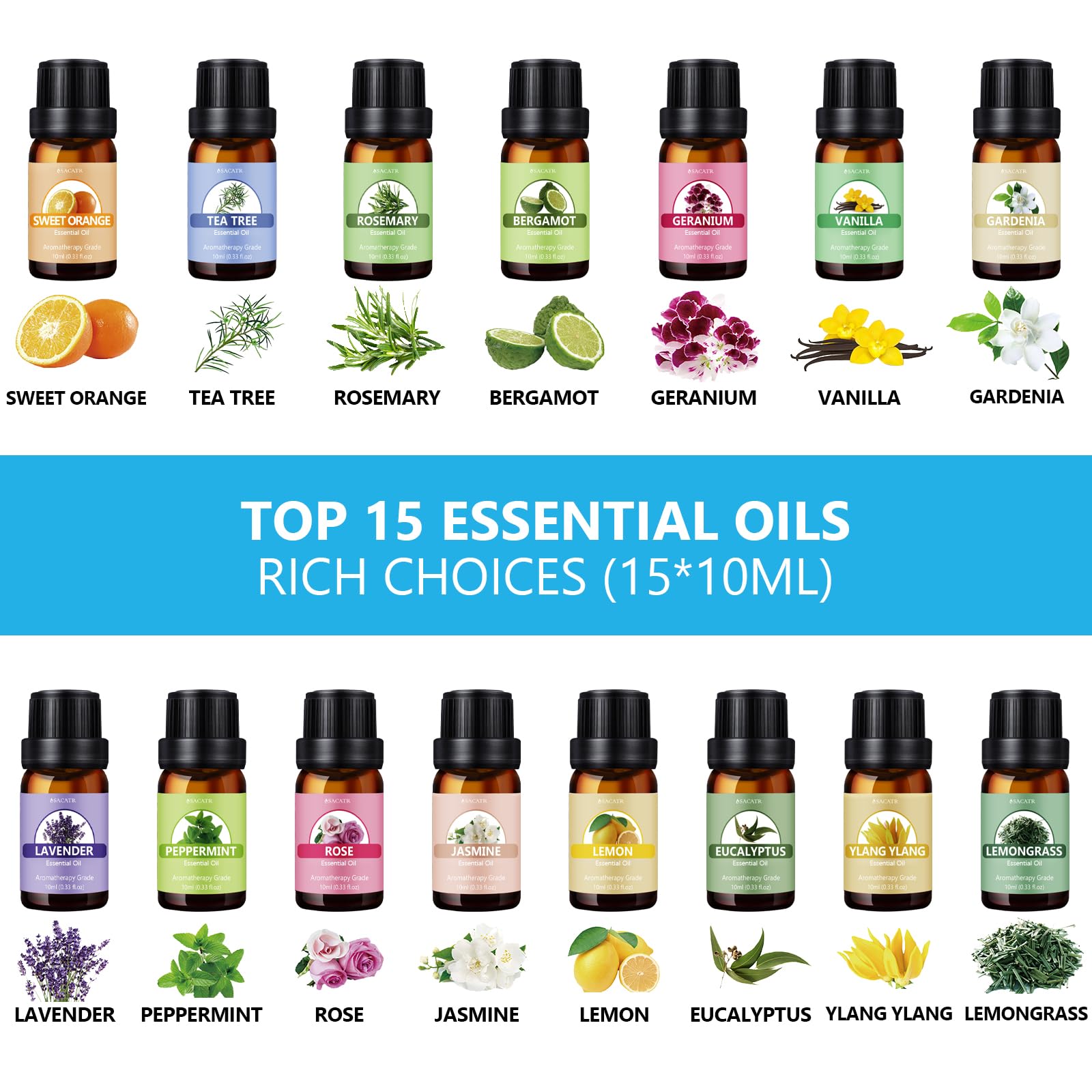 SACATR pack huiles essentielles 15x10ml pour varier les parfums