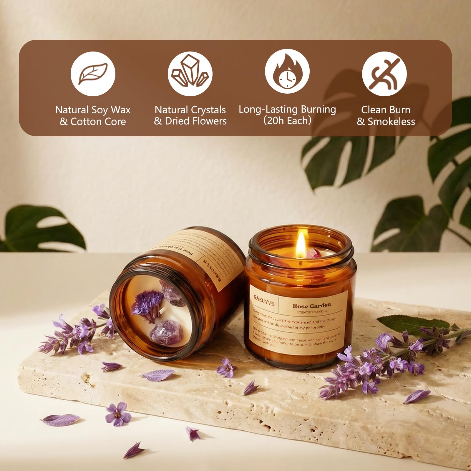 Bougie SAEUYVB en cire de soja 3,5oz avec cristaux, parfum durable.
