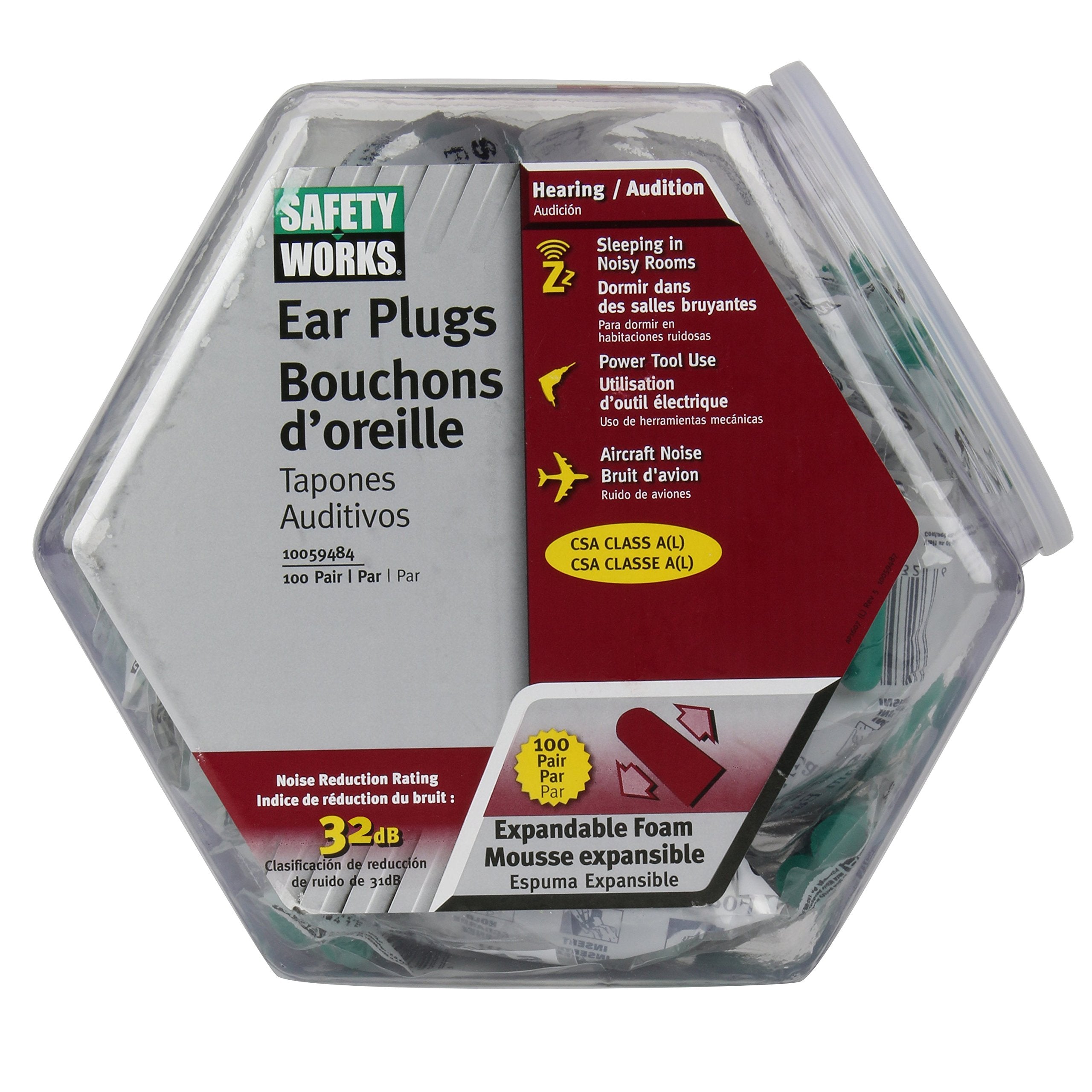 Safety Works bouchons d’oreille expansibles sur présentoir pour protection auditive.