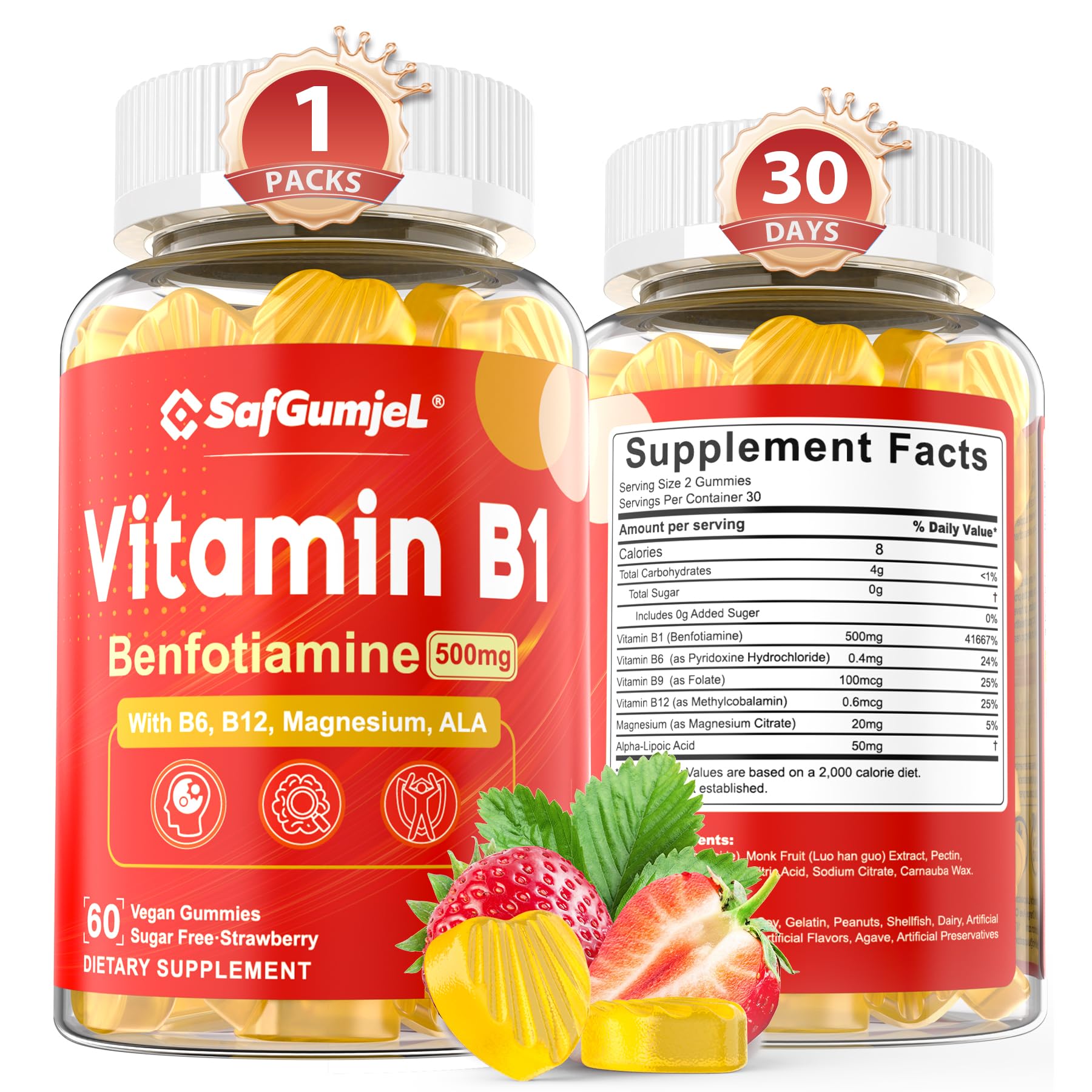 Safgumjel : bouteille de gommes B1 Benfotiamine pour l'énergie quotidienne.