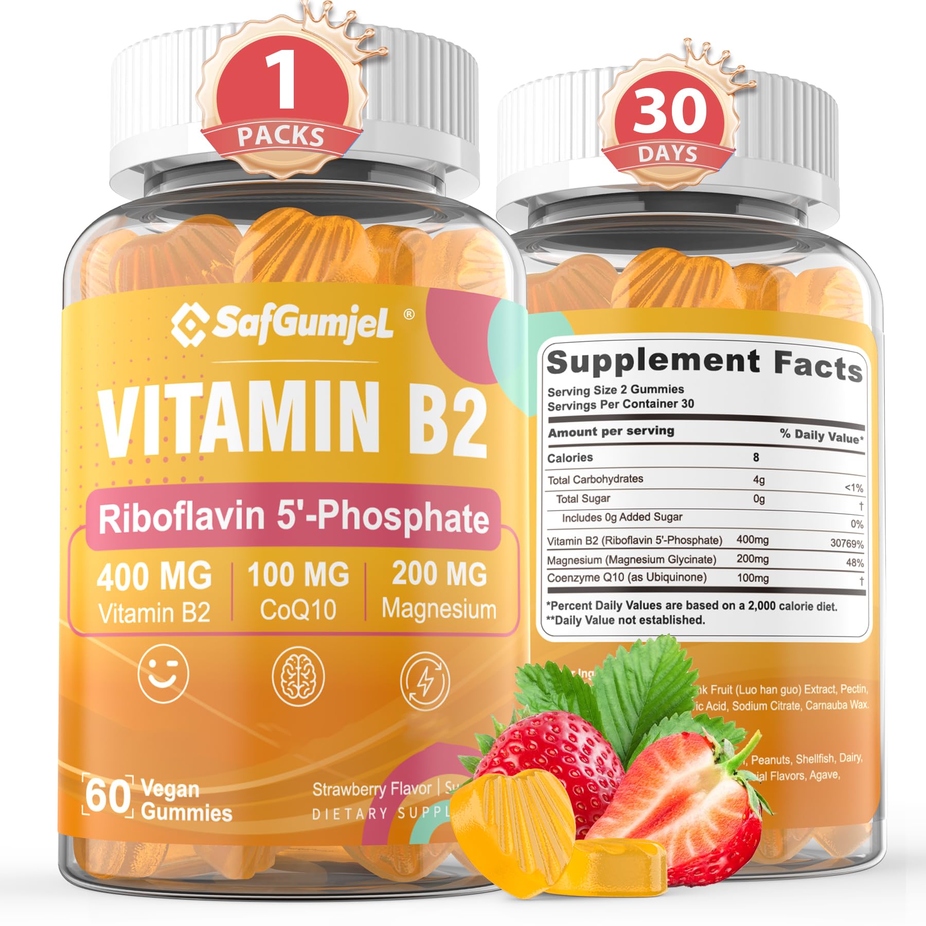 Safgumjel Vitamine B2 Gummies – bouteille 60 comptes, format pratique pour énergie quotidienne.