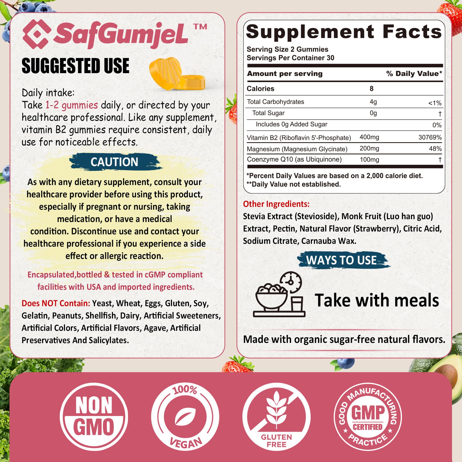 Safgumjel Vitamine B2 Gummies – prise quotidienne facile à intégrer dans la routine.