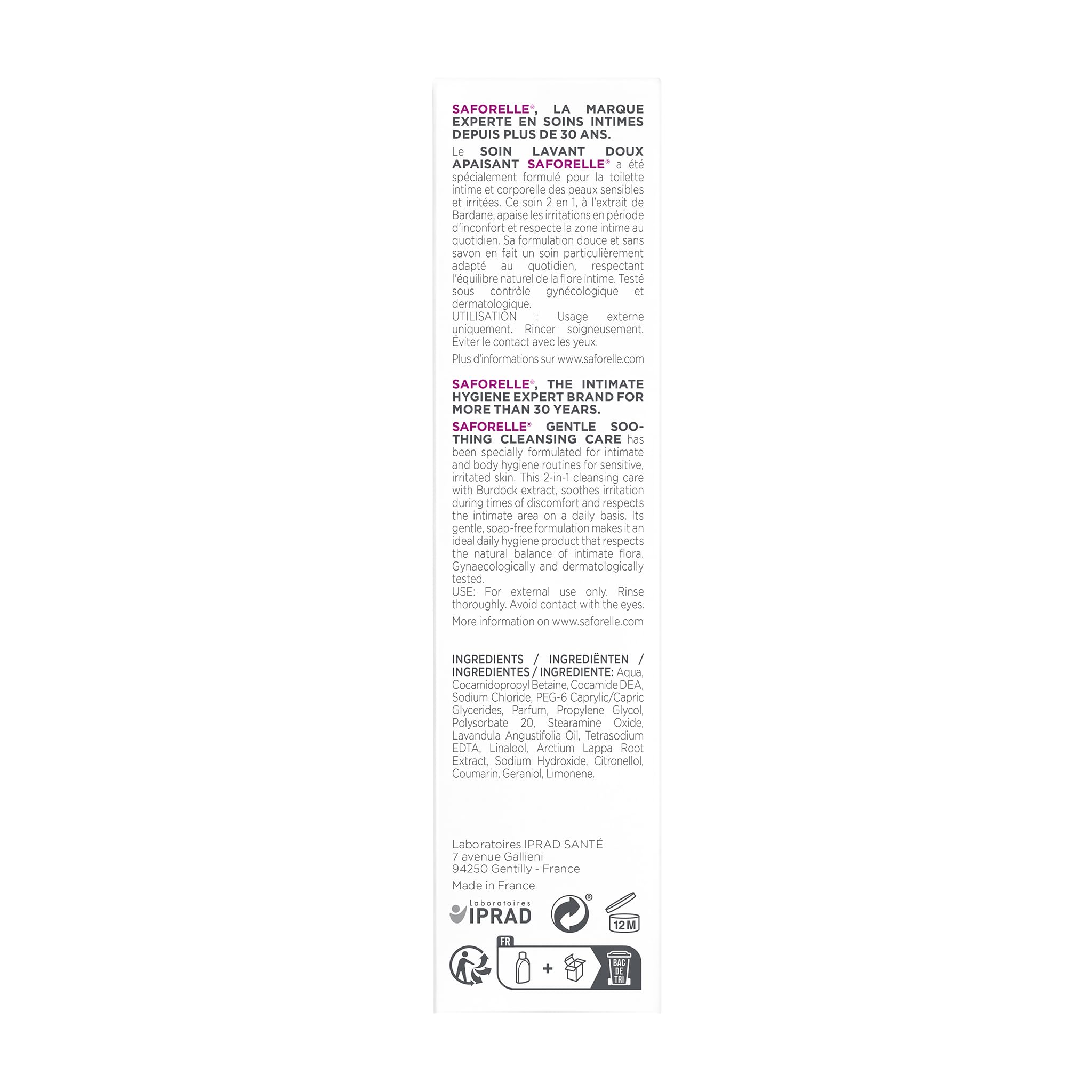 Saforelle sans conservateurs et sans colorants, option hypoallergénique.