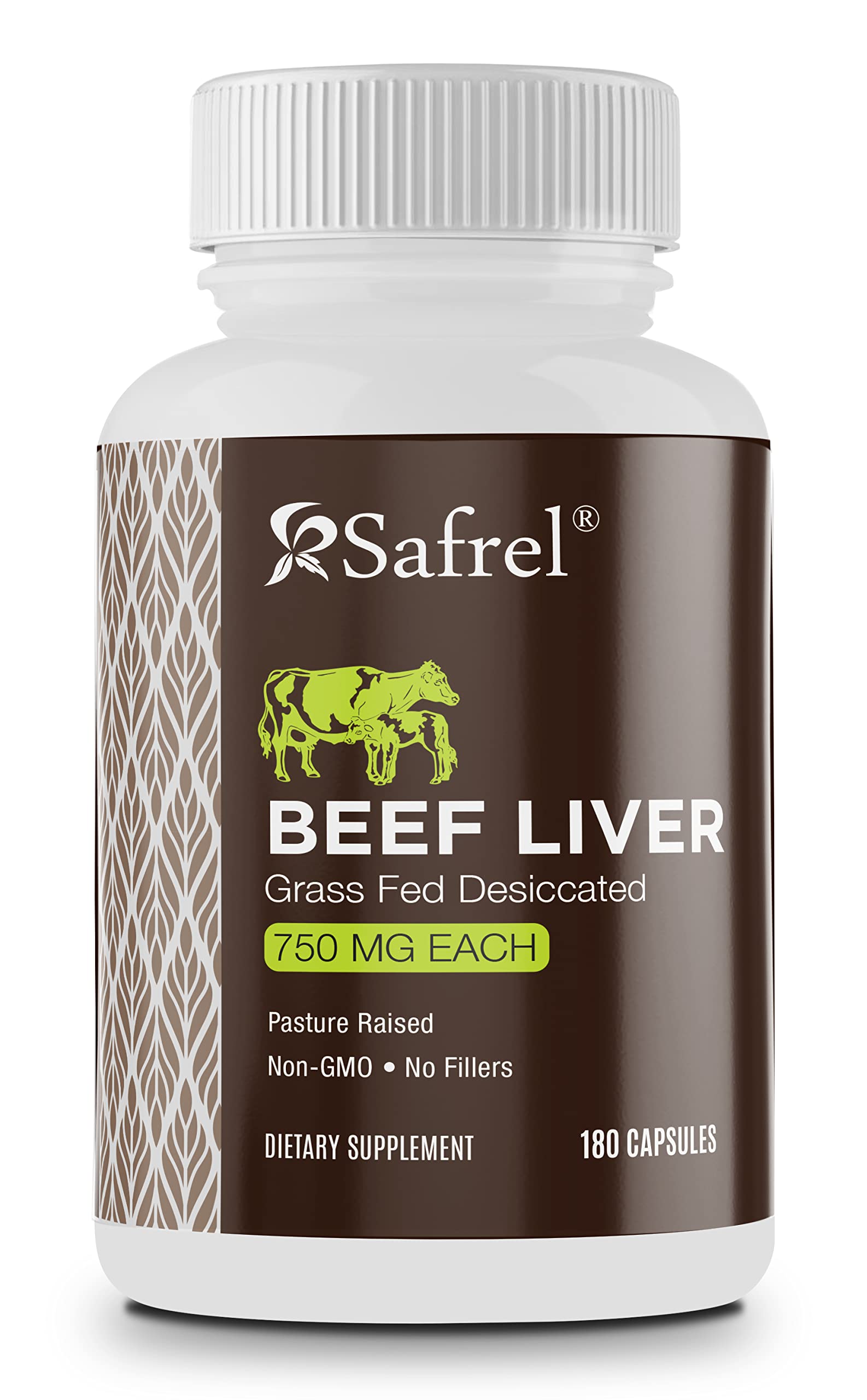 Safrel foie de boeuf deshydrate en capsules dans bouteille, source naturelle de fer.