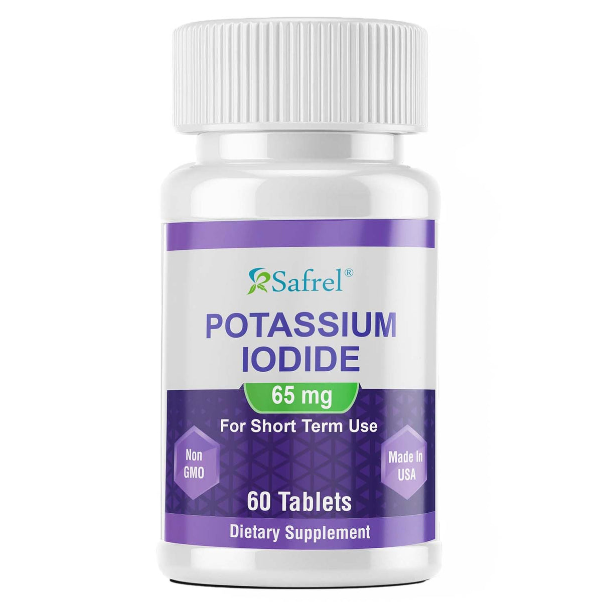 Safrel iodure de potassium, bouteille et comprimés, aperçu du flacon, usage quotidien potentiel.