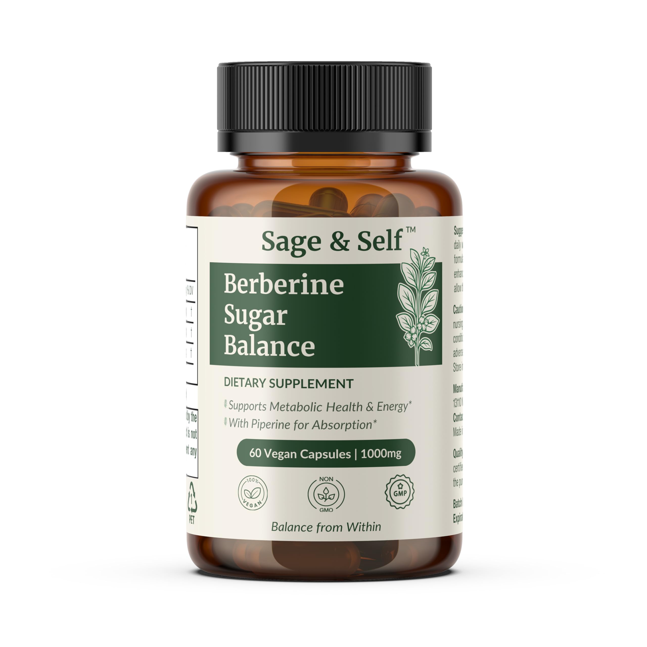 Sage & Self Berberine Sugar Balance — bouteille visible, soutien potentiel à une routine végétale.