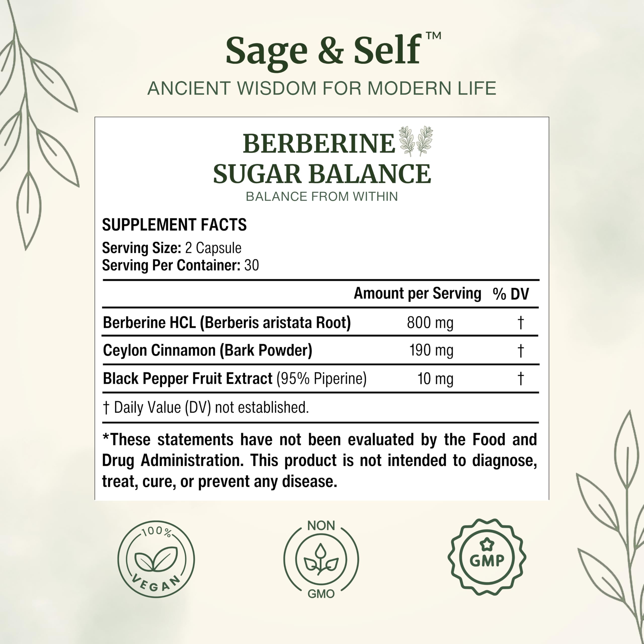 Sage & Self Berberine Sugar Balance — etiquette lisible sur la bouteille, informations claires.