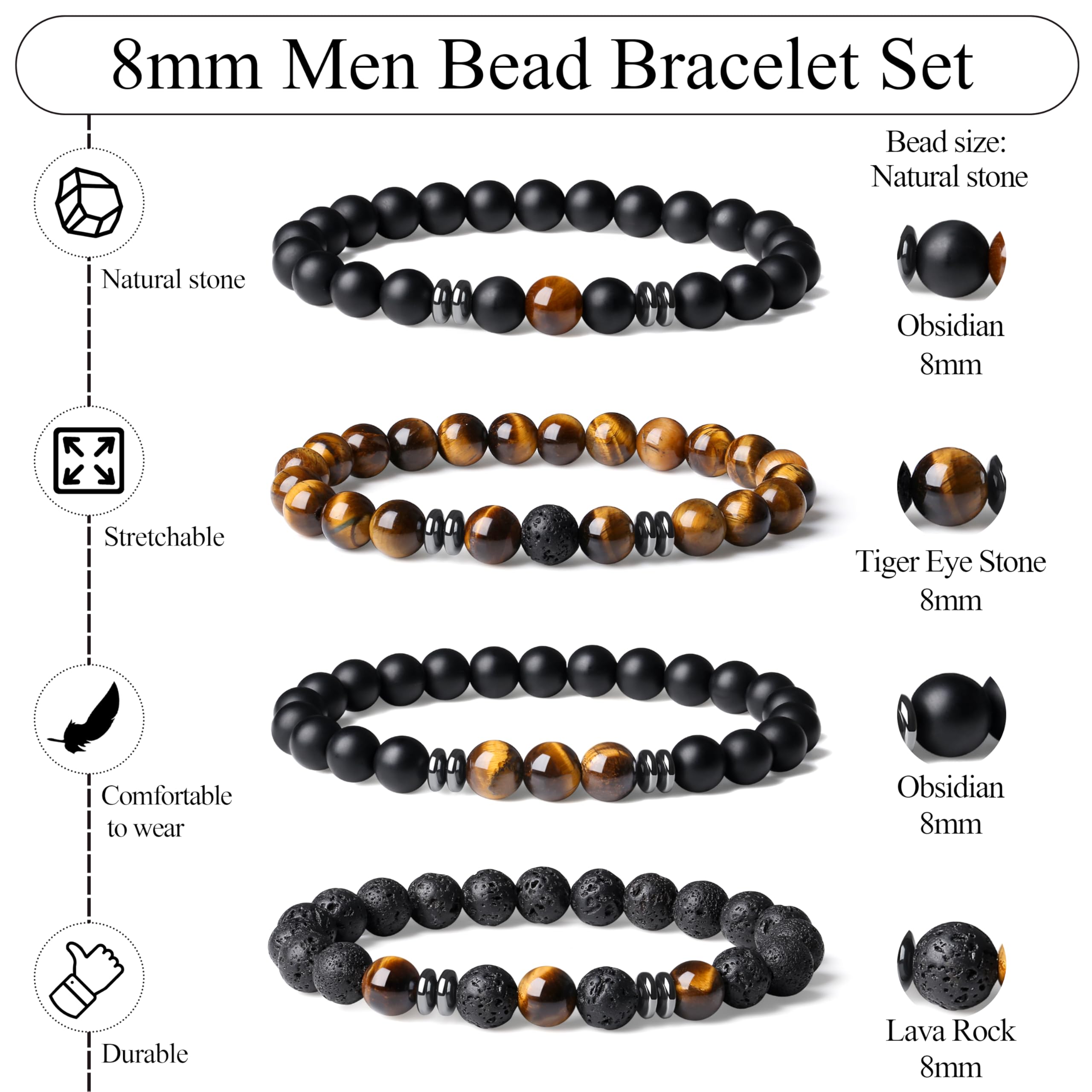 Bracelet Sahoottie pierre lave 8mm, texture naturelle et durable