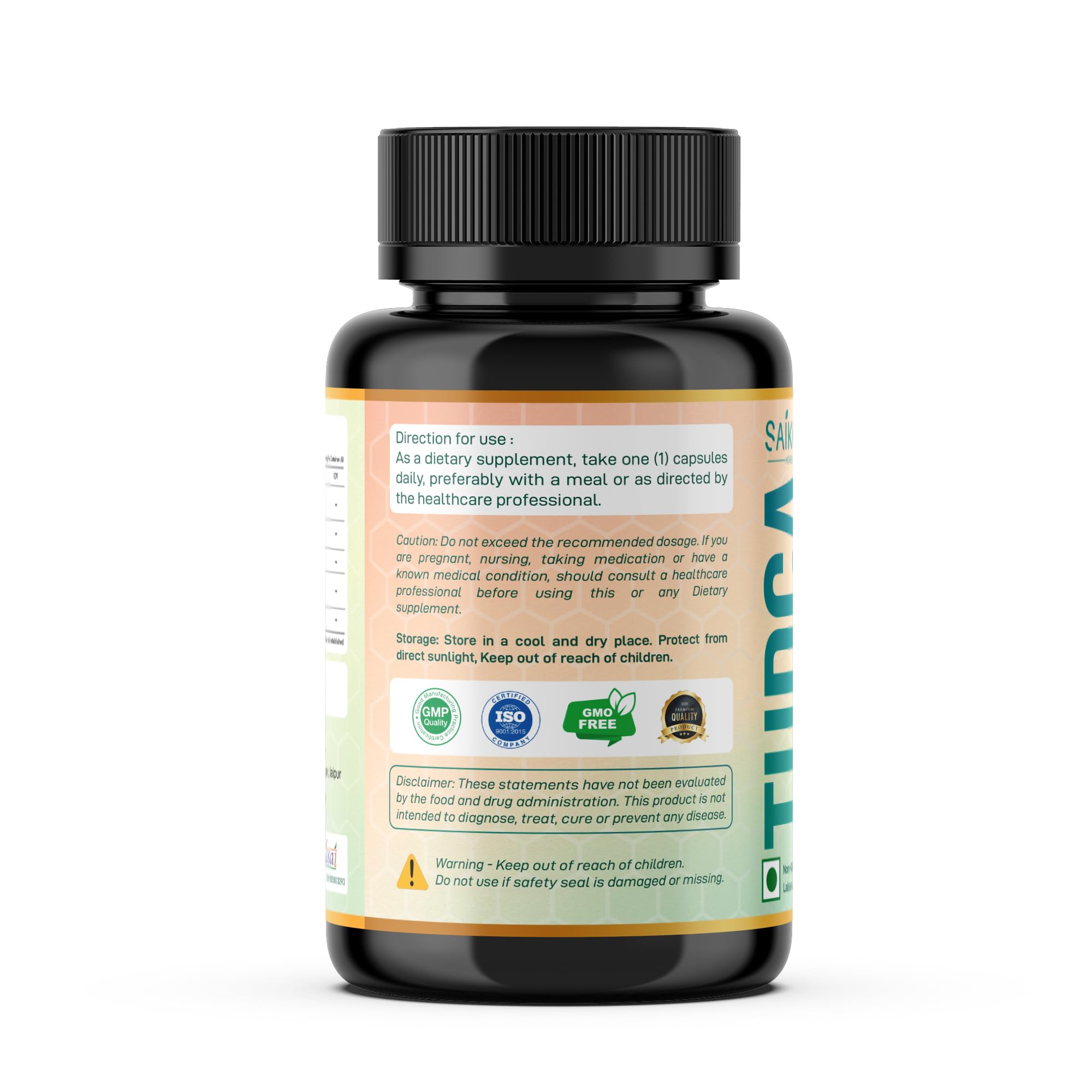 Saikou Herbs Étiquette et capsules, emballage soigné facilitant la prise quotidienne.