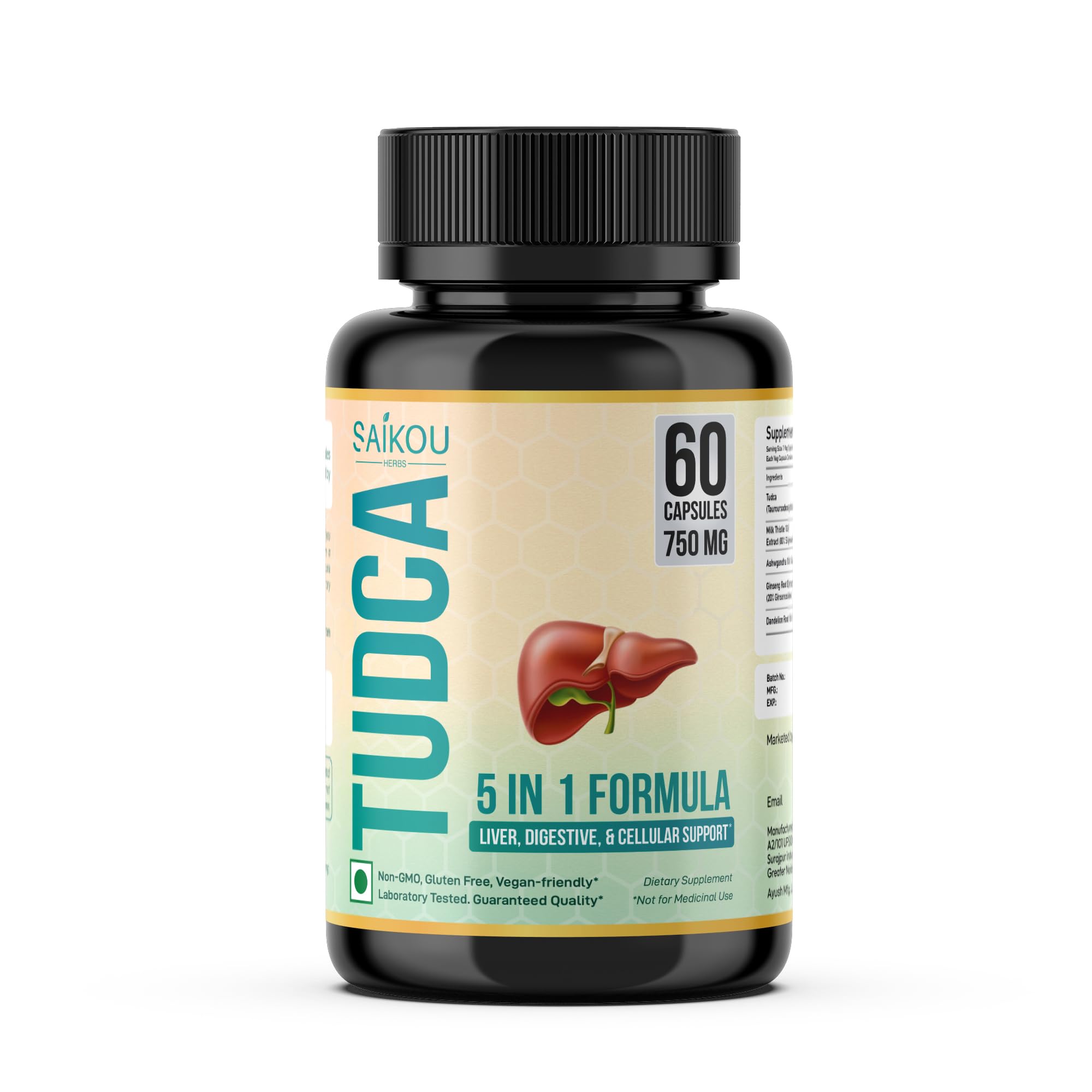 Saikou Herbs Tudca 750mg en bouteille, soutien potentiel au confort digestif.