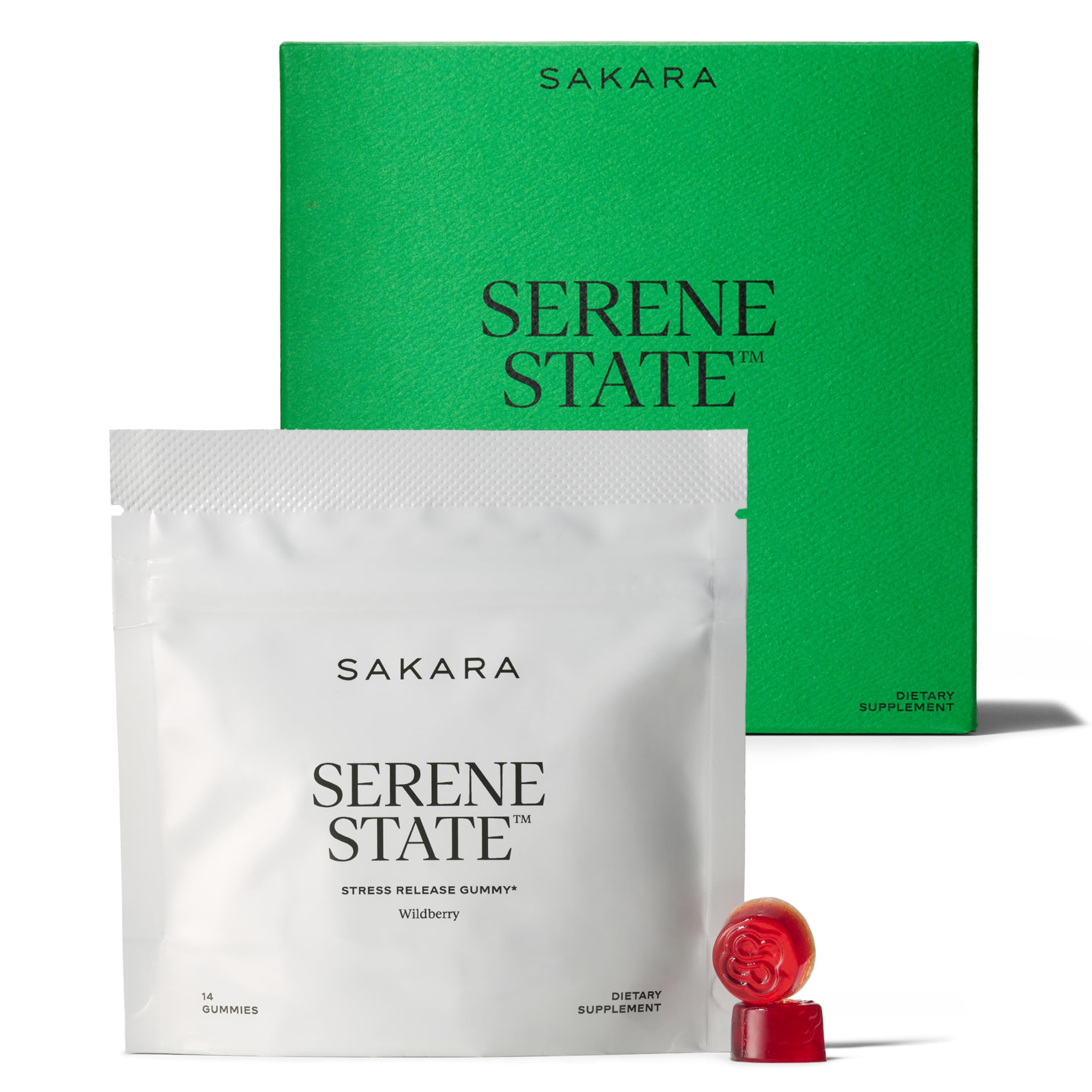 SAKARA Serene State Gummies – bouteille visible, promouvant calme et concentration.