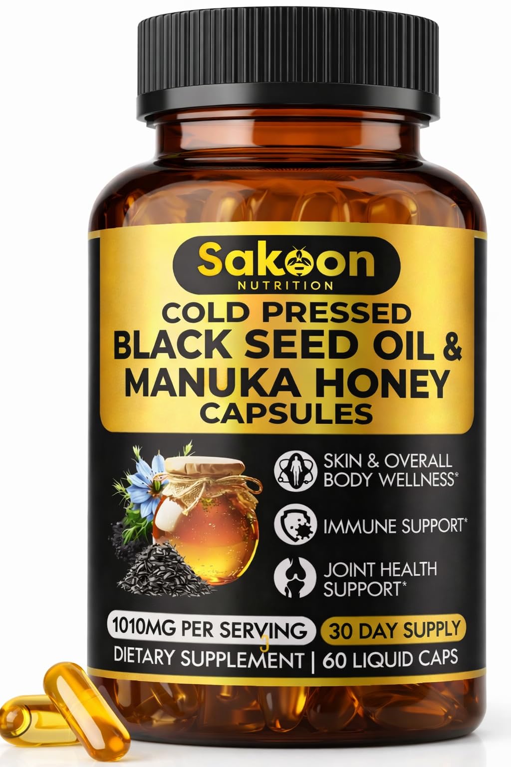 Sakoon Nutrition: capsules huile noire nigella sativa, soutien potentiel immunitaire et digestion.
