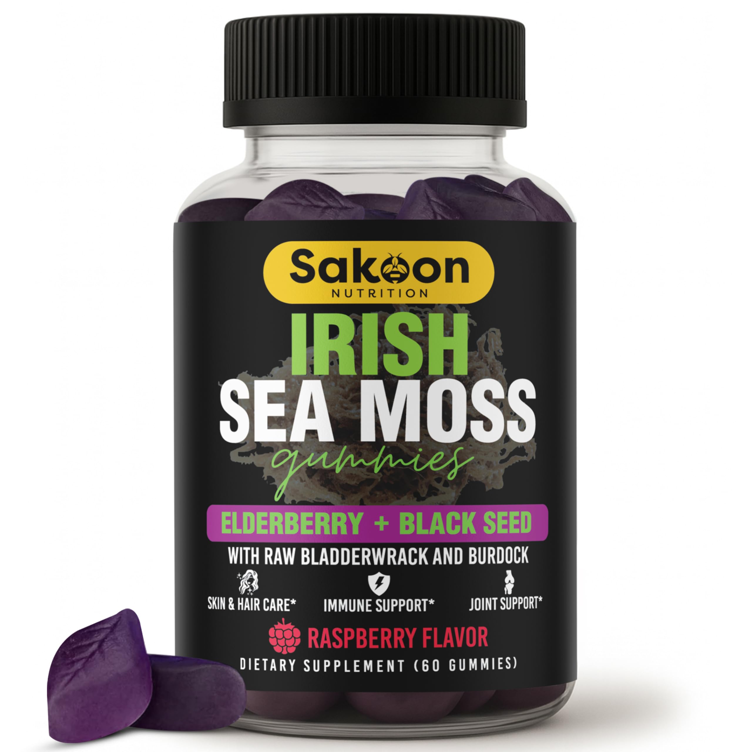 Gommes Sakoon Nutrition en bouteille, saveur framboise, plaisir savoureux pour soutenir le bien-être quotidien.