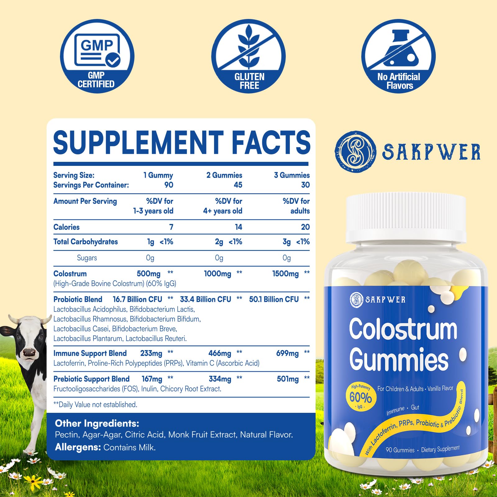 Sakpwer Colostrum 6H Lait Premier, ingrédients de base issus de vaches en pâturage