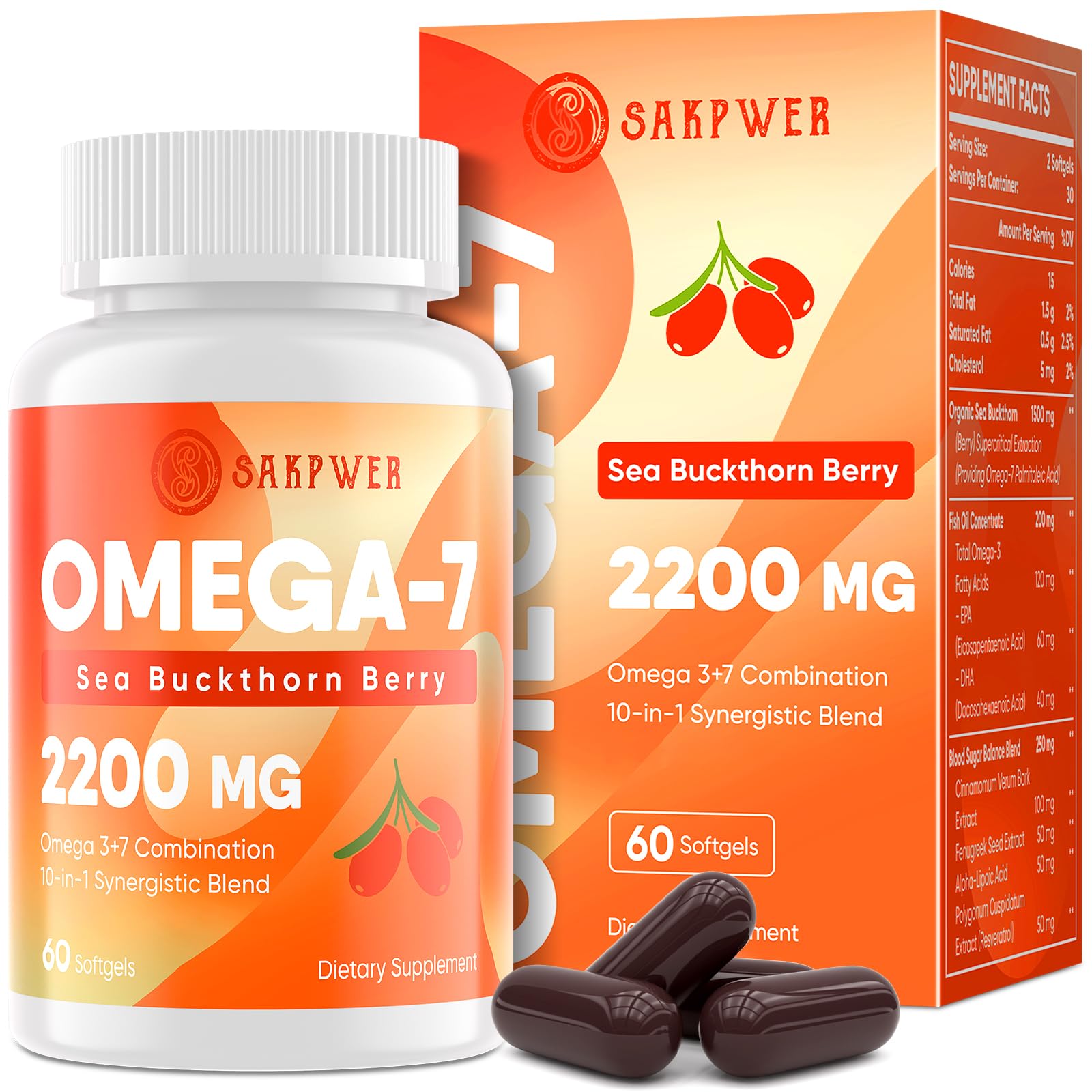 Sakpwer huile argousier omega7 en bouteille, soutient l'apport en acides gras.