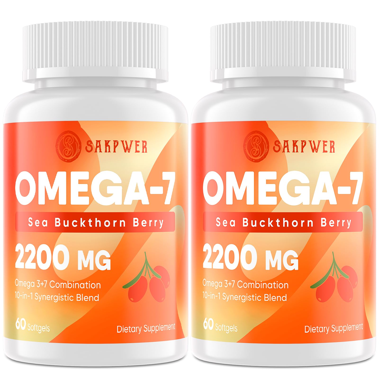 Sakpwer huile d'argousier Oméga-7 et Oméga-3, bouteille illustrant le mélange bénéfique.