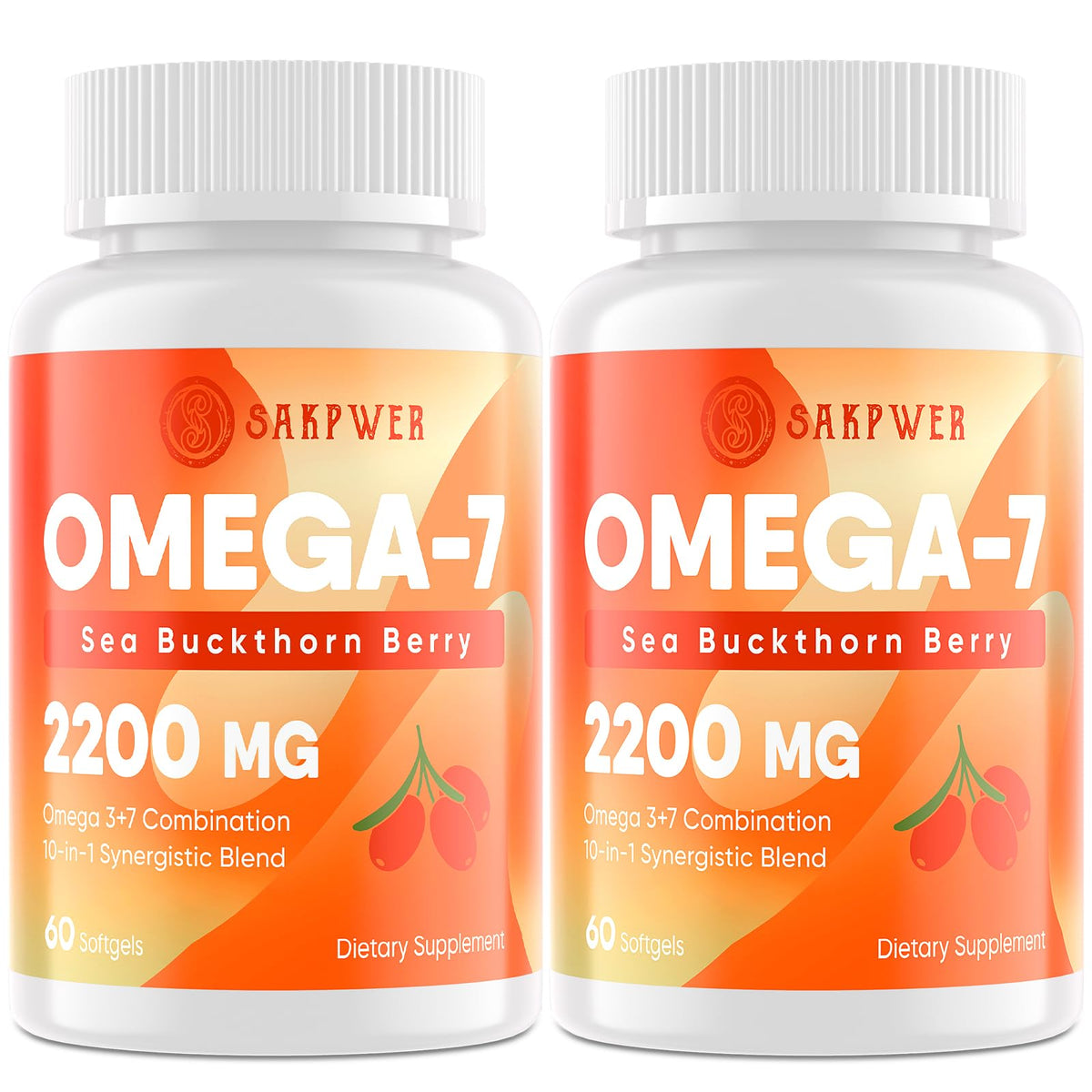 Sakpwer huile d'argousier Oméga-7 et Oméga-3, bouteille illustrant le mélange bénéfique.