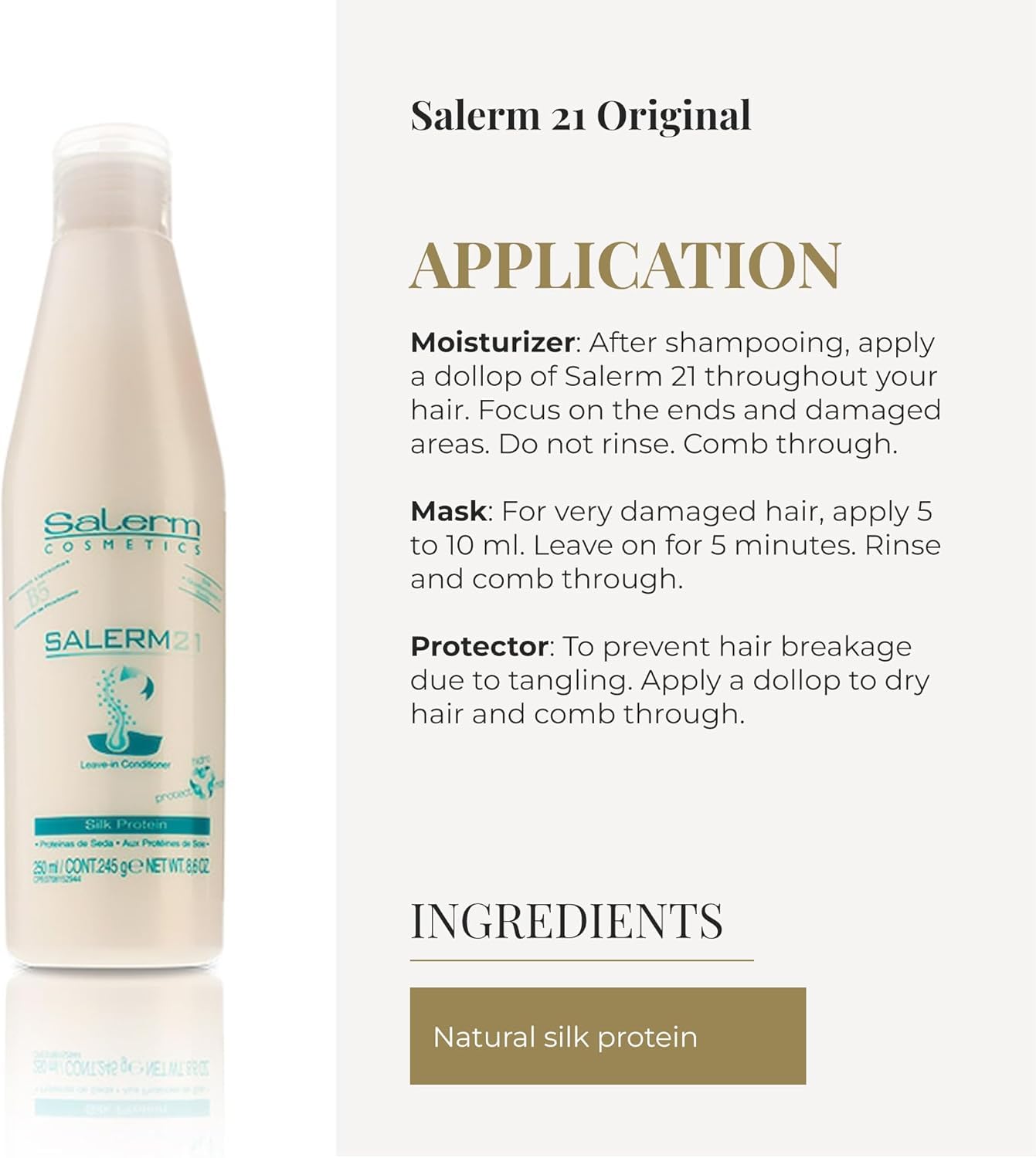 SALERM 21 B5 Protéine Soie – étiquette détaillée, informations sur la protéine de soie.