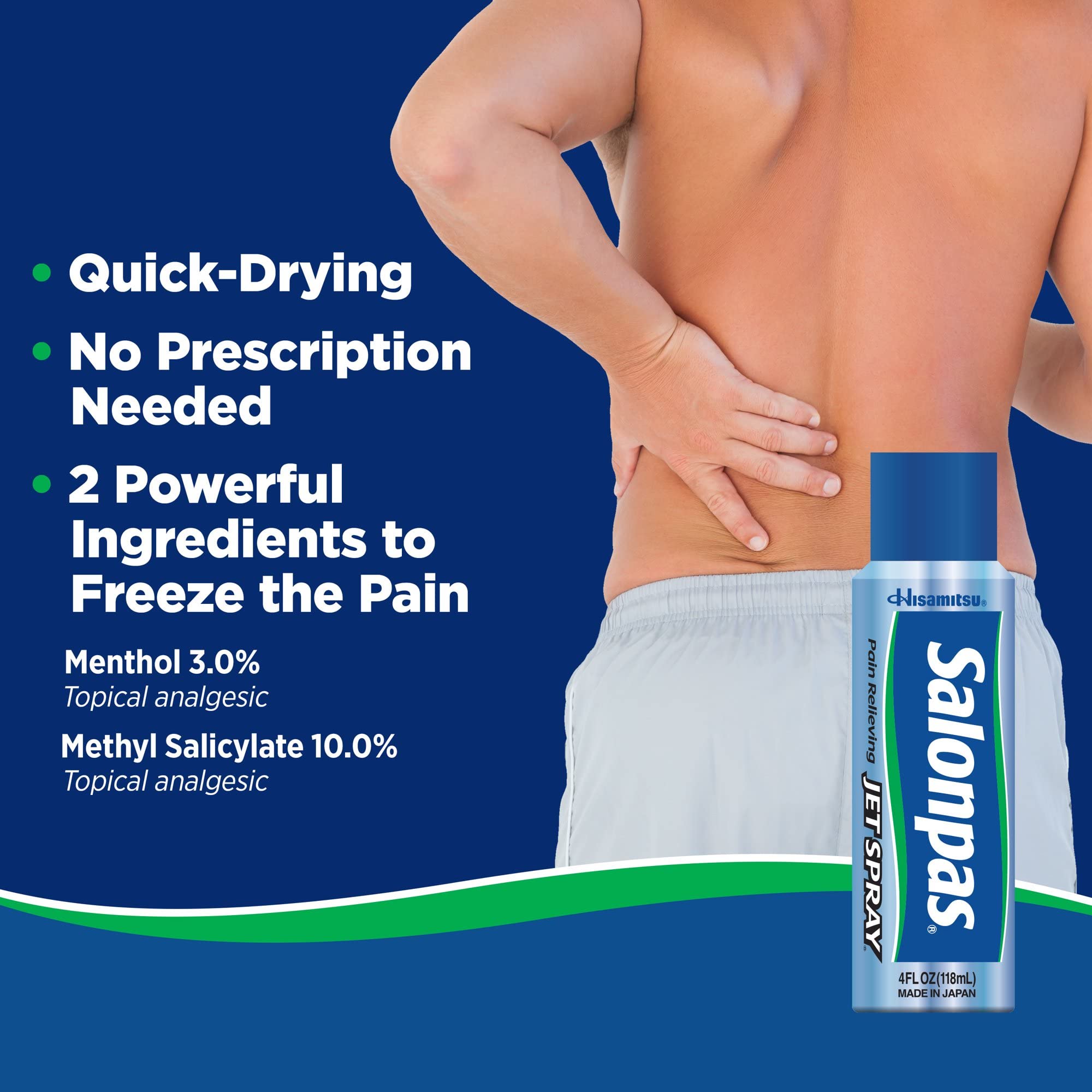 Salonpas pulvérisateur à jet, étiquette lisible sur le flacon.