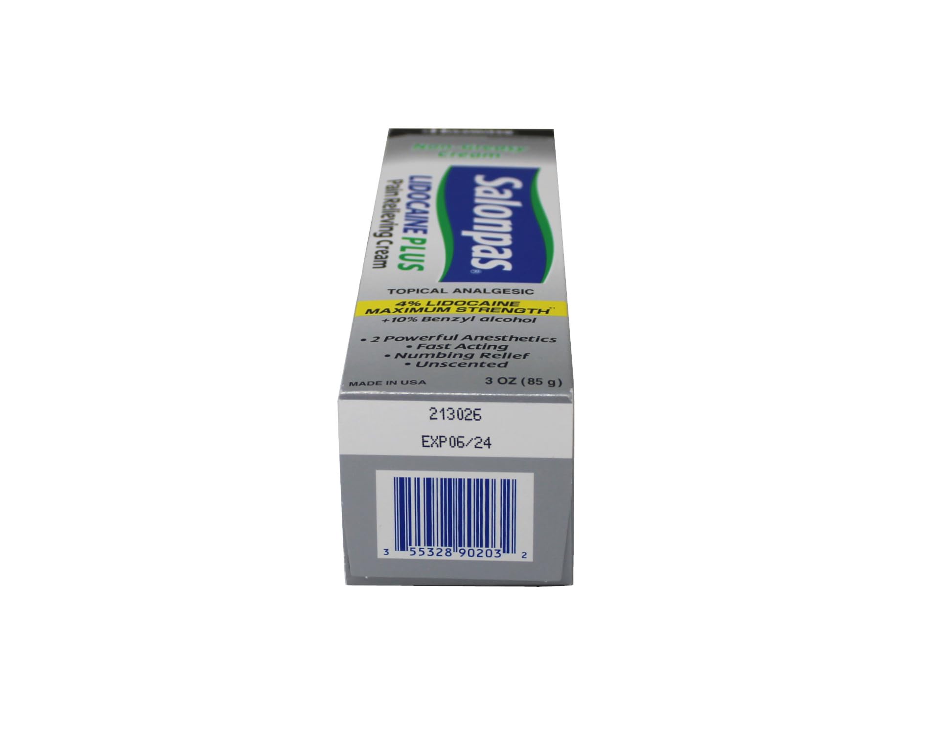 Étiquettes et informations produit Salonpas Lidocaïne Plus pour utilisation domestique.