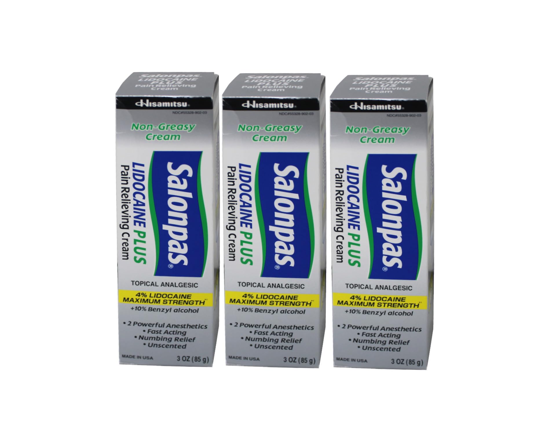 Salonpas Crème Lidocaïne Plus, emballage pack 3 tubes, pratique pour les douleurs localisées.