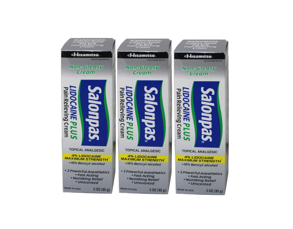Salonpas Crème Lidocaïne Plus, emballage pack 3 tubes, pratique pour les douleurs localisées.