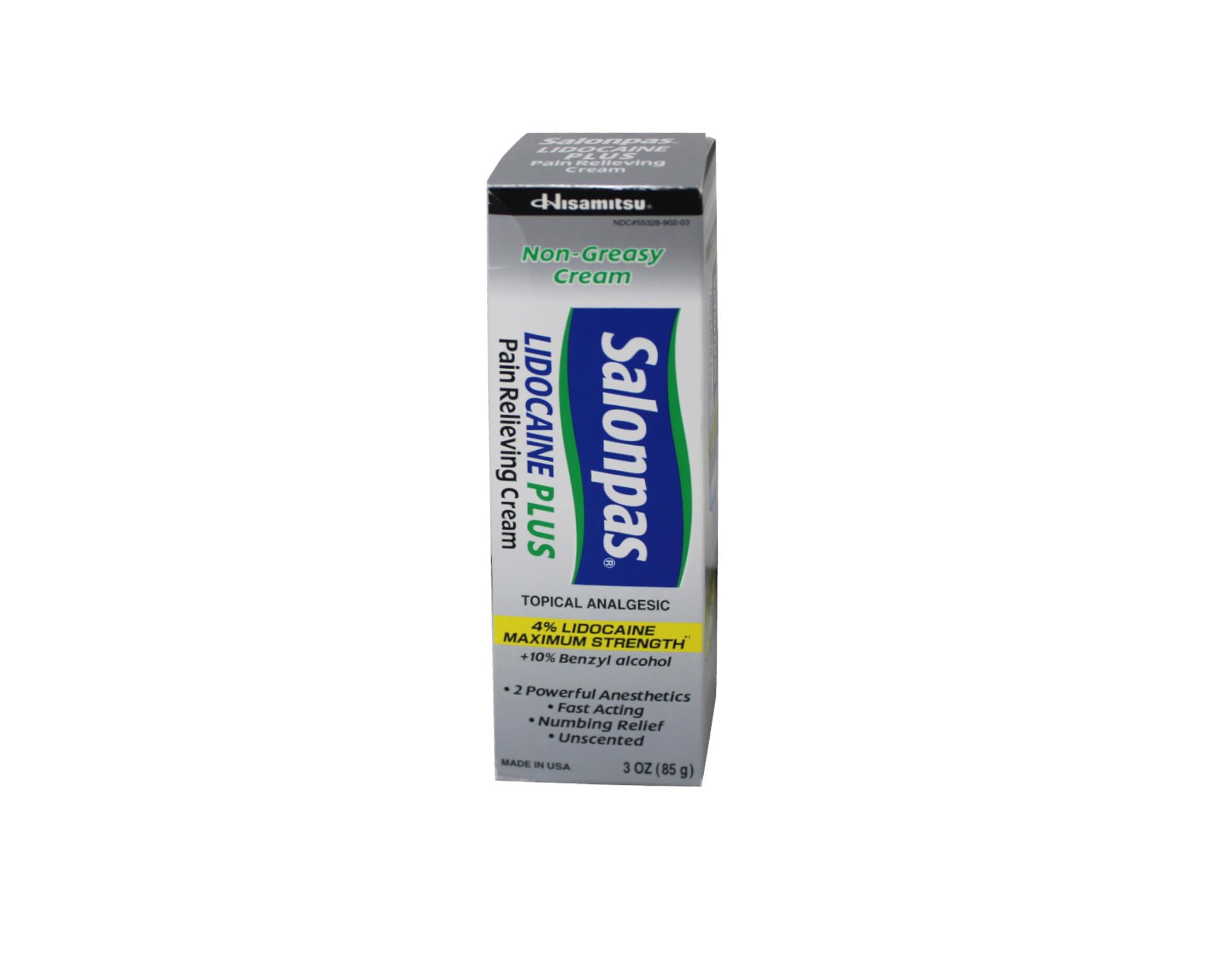 Salonpas Crème Lidocaïne Plus, tube de 90 g prêt à l'application sur l'épaule.