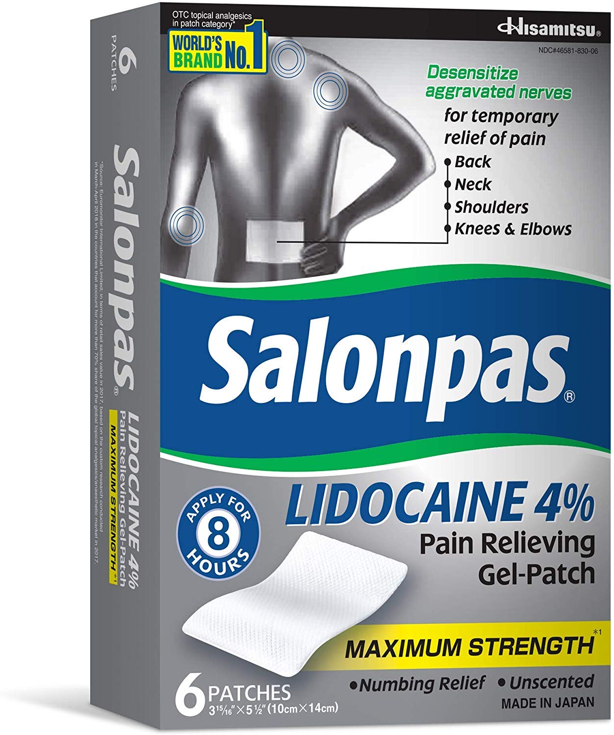 Salonpas lidocaïne patch-zone ciblée sur le dos ou articulation