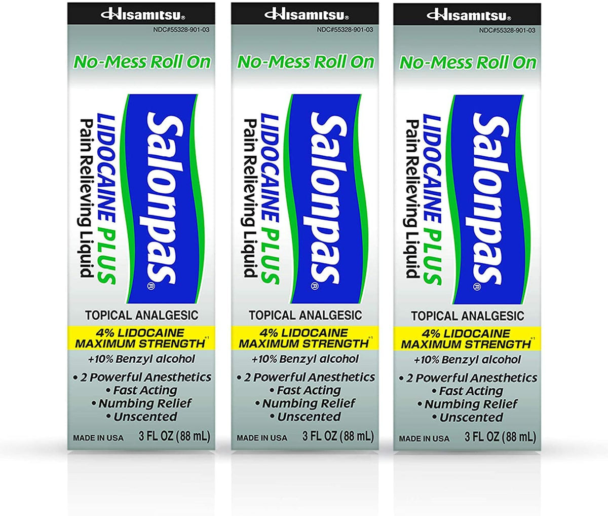 Salonpas Lidocaïne Plus – rouleau d’application sans gâchis pour soulagement ciblé.