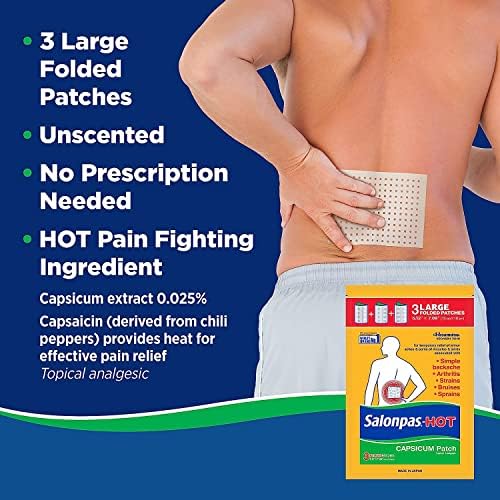 Salonpas patch capsaïcine zones cibles: dos, genoux et coudes.